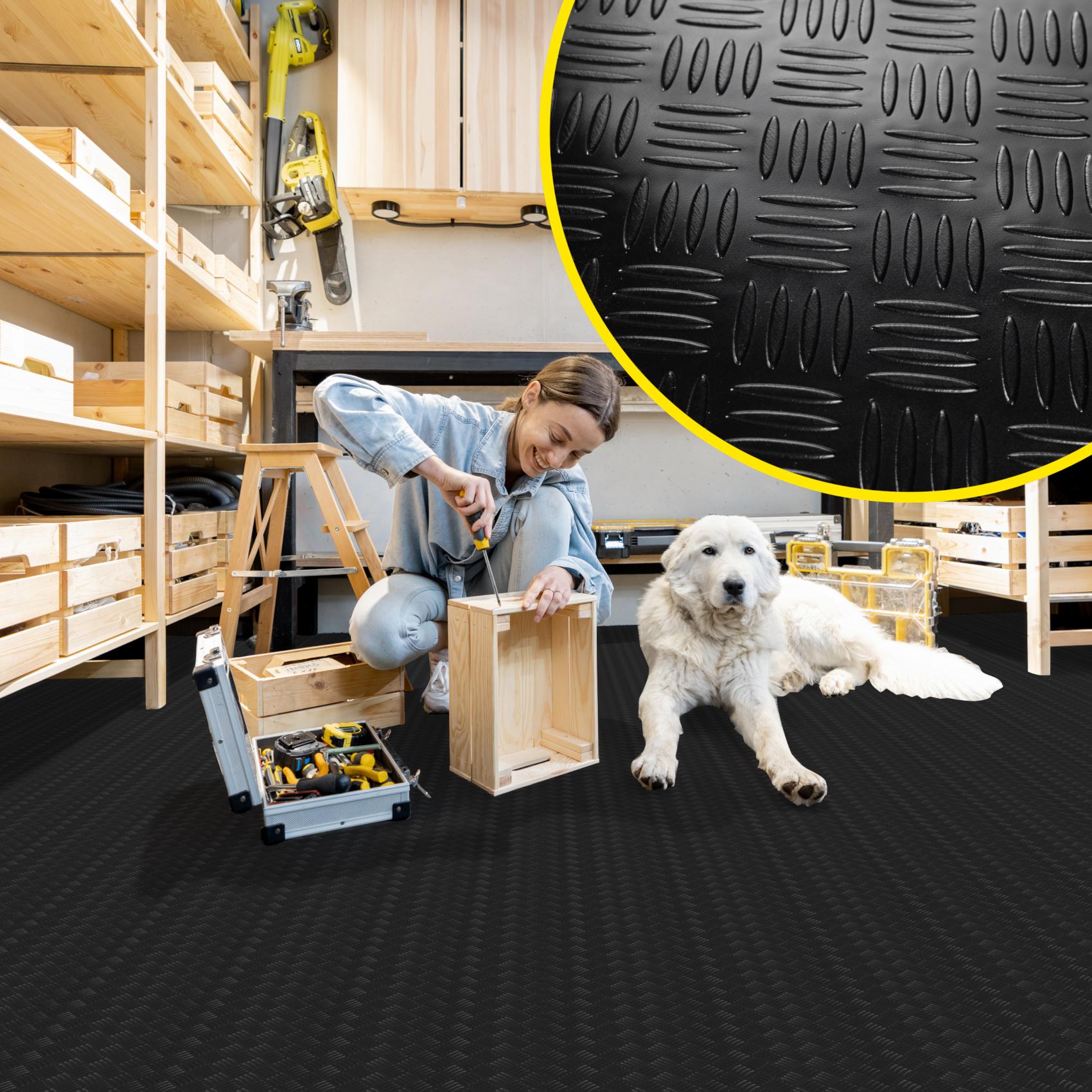 PVC Bodenbelag Meterware Antirutschmatte Vinylboden Rollenware Stärke 1,5mm Riffelblech Schwarz Breite 100cm