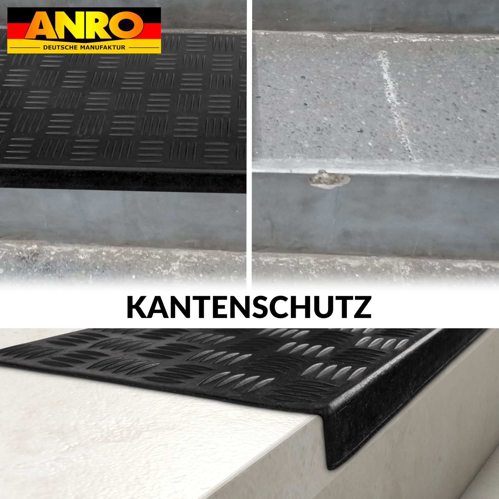 Stufenmatte aus Gummi mit Kantenschutz Checker / Riffelblechmuster Treppenstufen 75x25x2,5cm