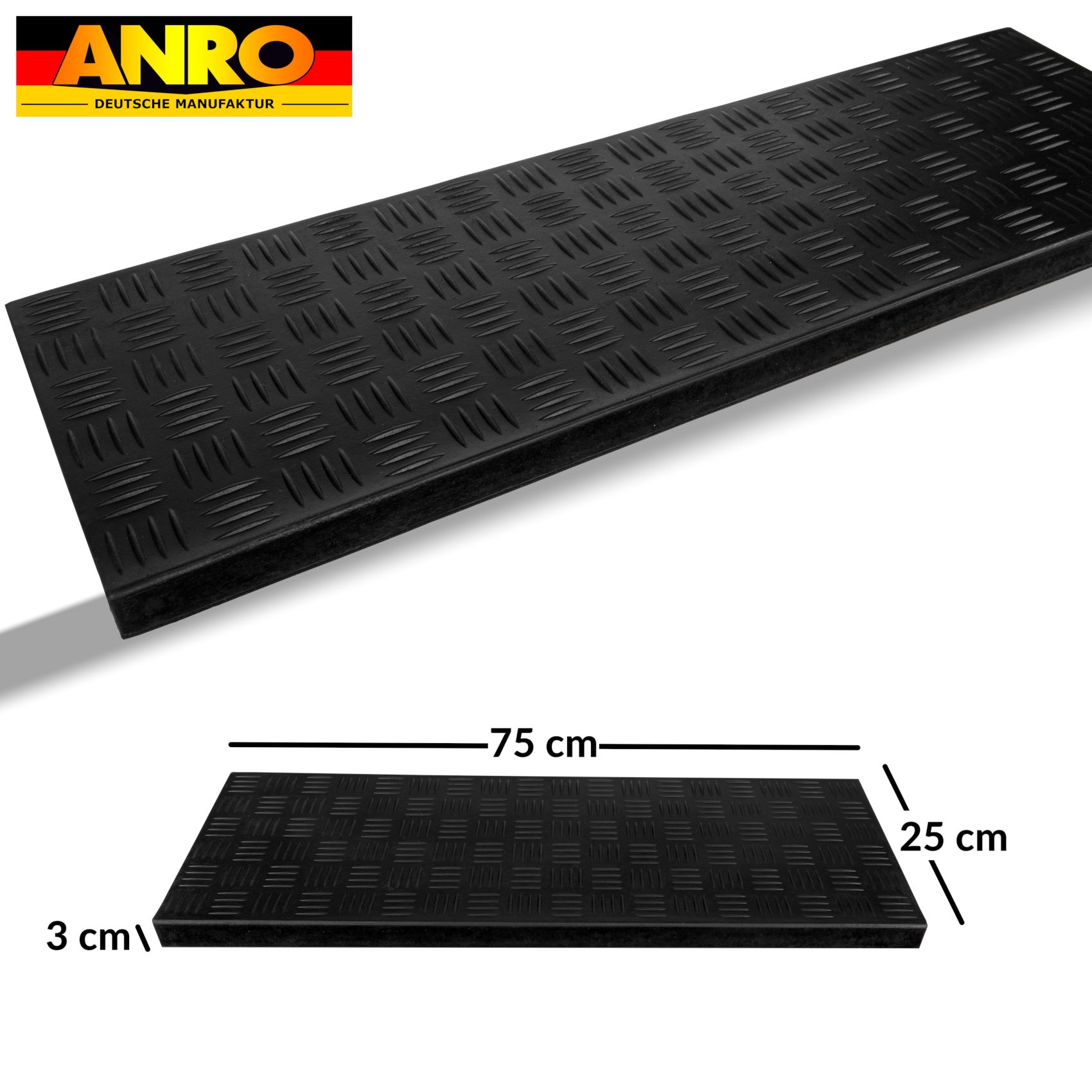 Stufenmatte aus Gummi mit Kantenschutz Checker / Riffelblechmuster Treppenstufen 75x25x2,5cm