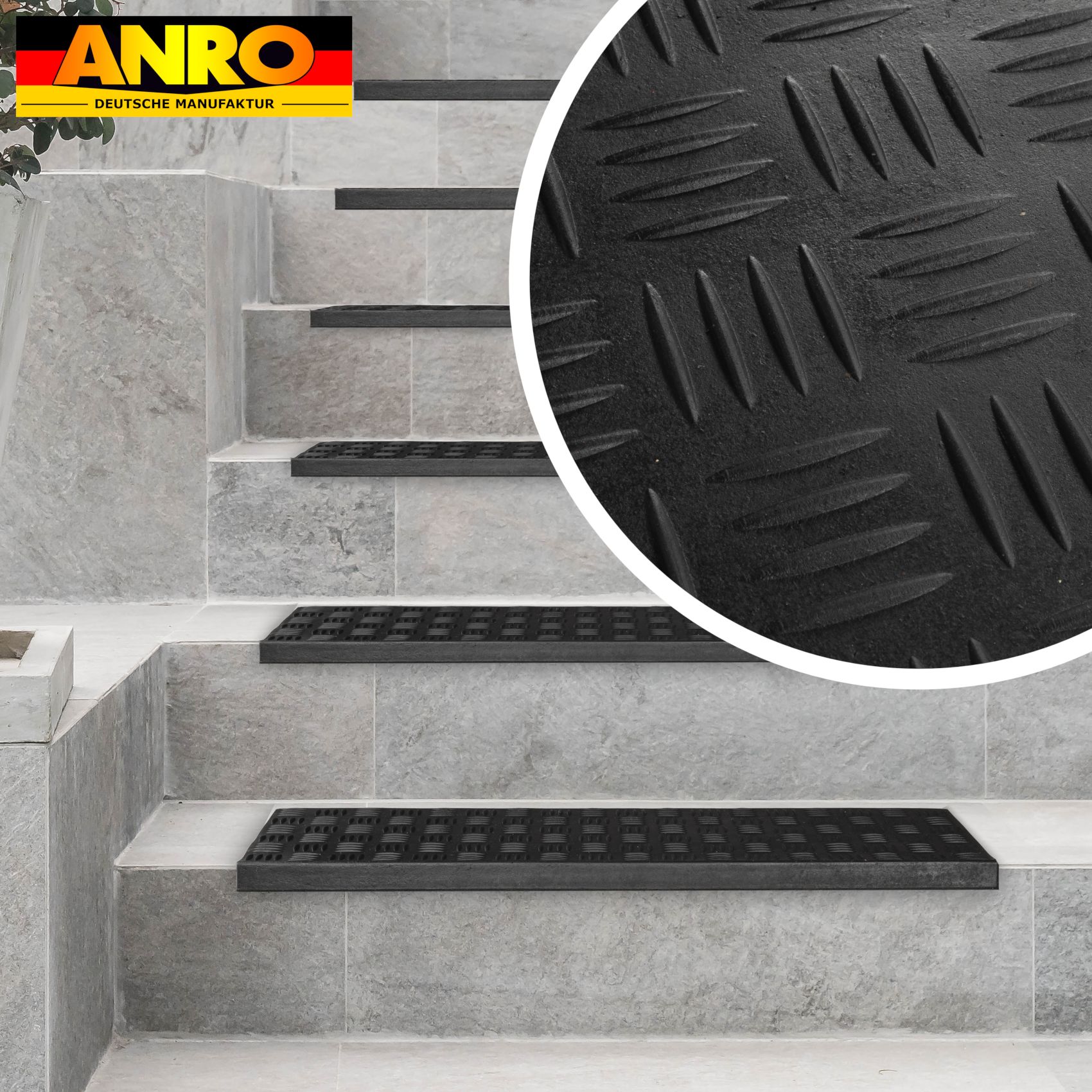Stufenmatte aus Gummi mit Kantenschutz Checker / Riffelblechmuster Treppenstufen 75x25x2,5cm