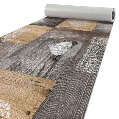 Küchenläufer Rustikal Holz Herz Braun rutschfest Teppichläufer abwaschbar | 50cm Breit