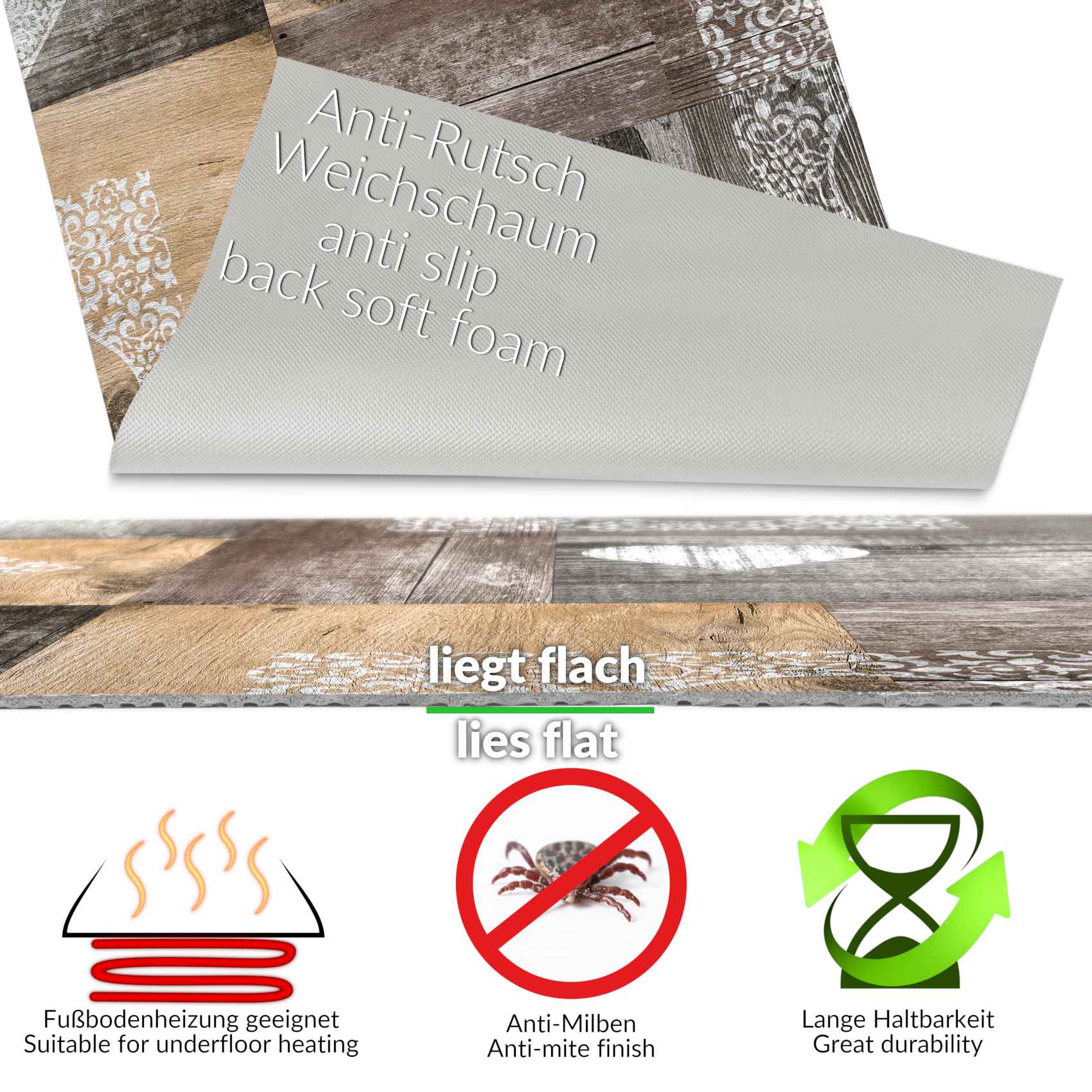 BE40416_50 Küchenläufer Rustikal Holz Herz Braun rutschfest Teppichläufer abwaschbar | 50cm Breit