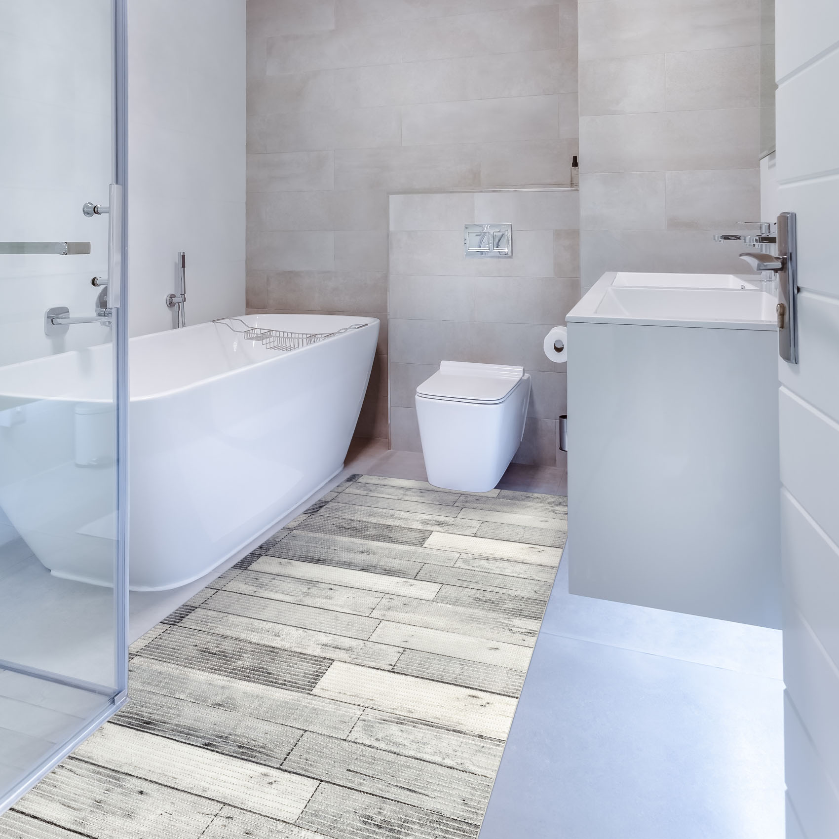 Weichschaummatte Bad Weichschaum Badematte Grau Holz Breite 65cm Meterware