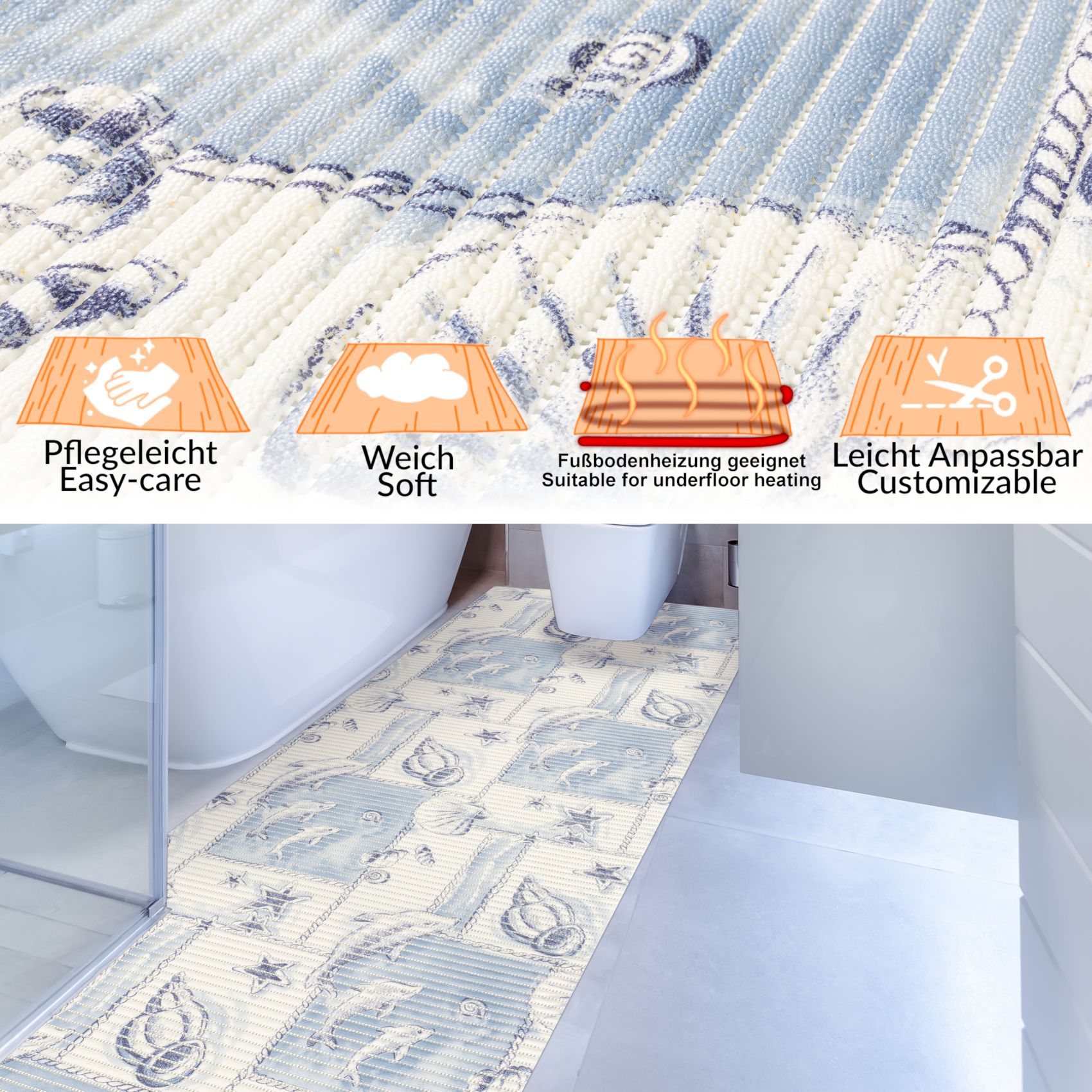 BM33-065_13 Weichschaummatte Bad Weichschaum Badematte Delfine 65cm Breite Meterware