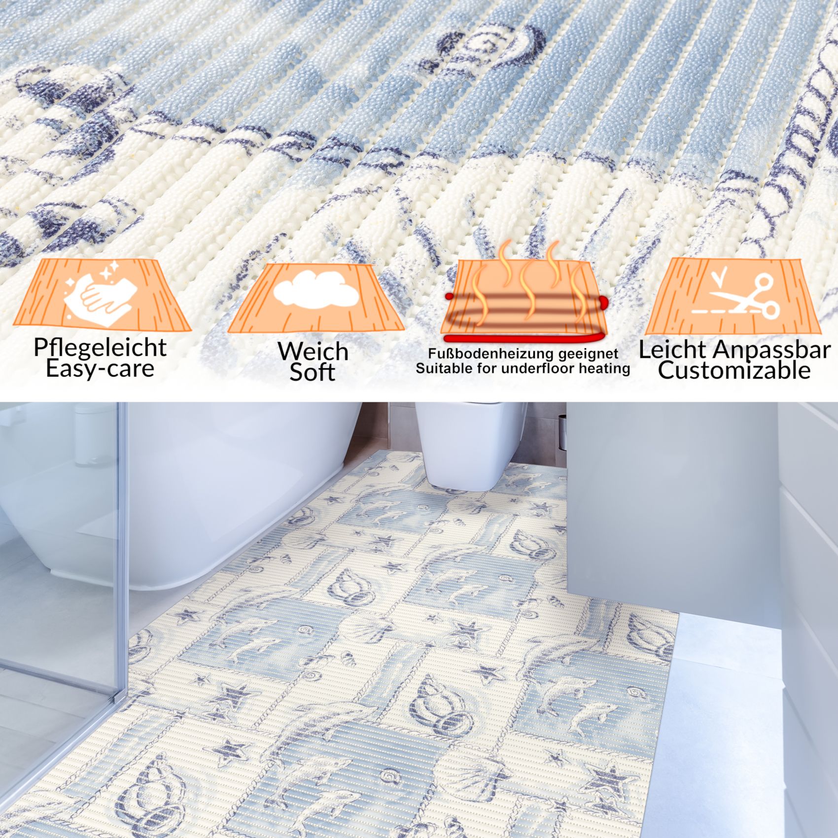 Weichschaummatte Badematte Weichschaum Bad Delfine Breite 130cm Meterware