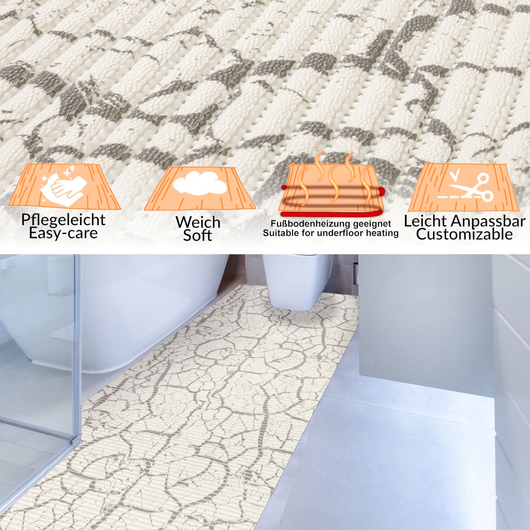 BM36-065_13 Weichschaummatte Bad Weichschaum Badematte Marmor Grau 65cm Breite Meterware