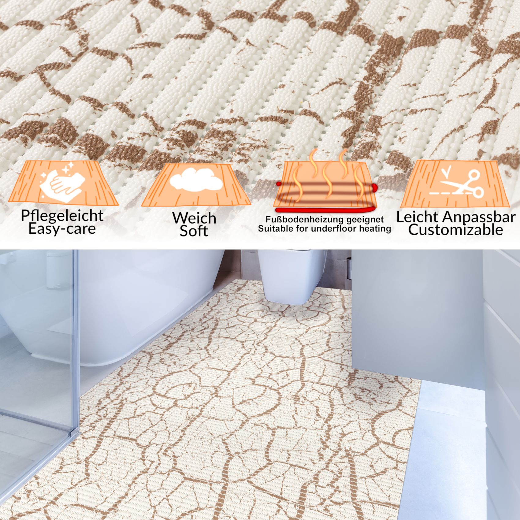 BM37-130_13 Weichschaummatte Badematte Weichschaum Bad Marmor Beige Breite 130cm Meterware