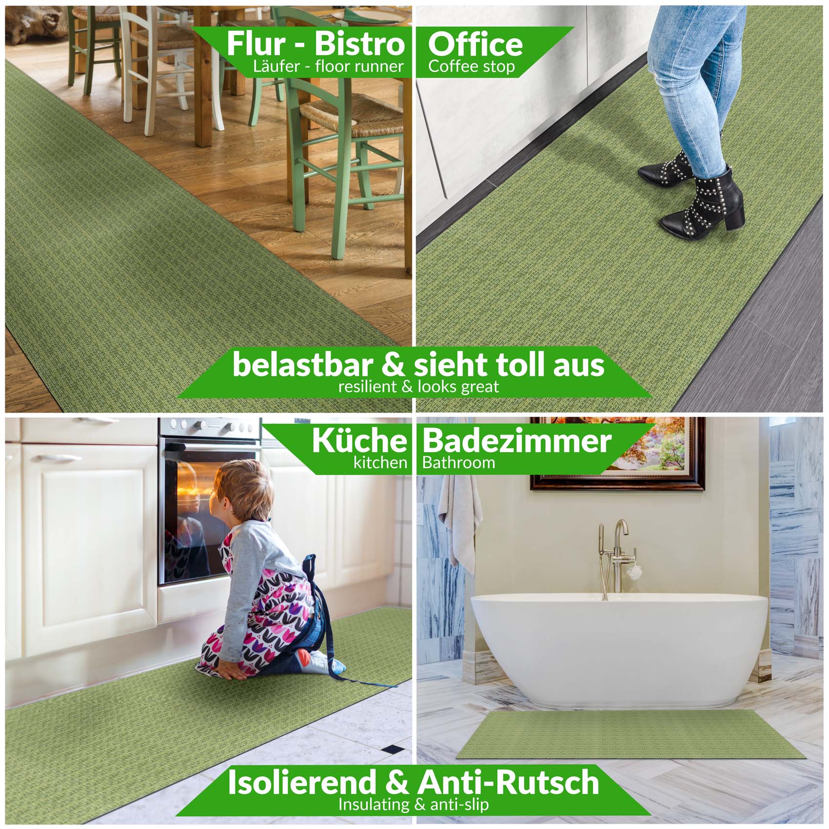 Küchenläufer Küchenteppich Läufer Flur rutschfest waschbar Flechtoptik Grün