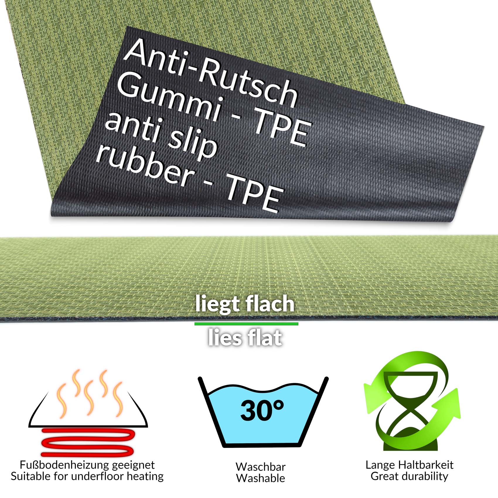 Küchenläufer Küchenteppich Läufer Flur rutschfest waschbar Flechtoptik Grün