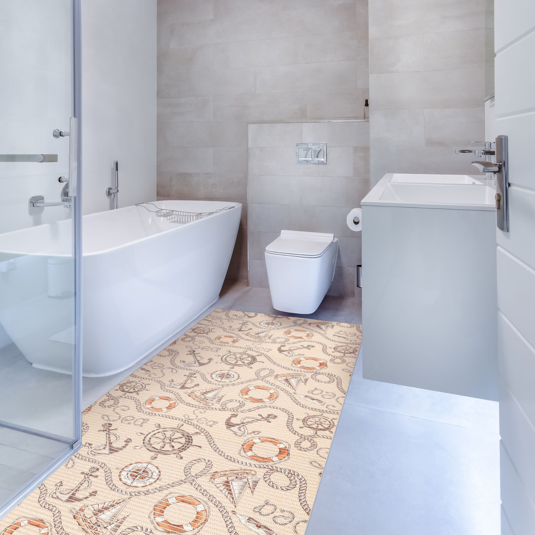 DM041B_13-jpg Weichschaummatte Bad Weichschaum Badematte Kompass Seefahrt Beige Breite 65cm Meterware