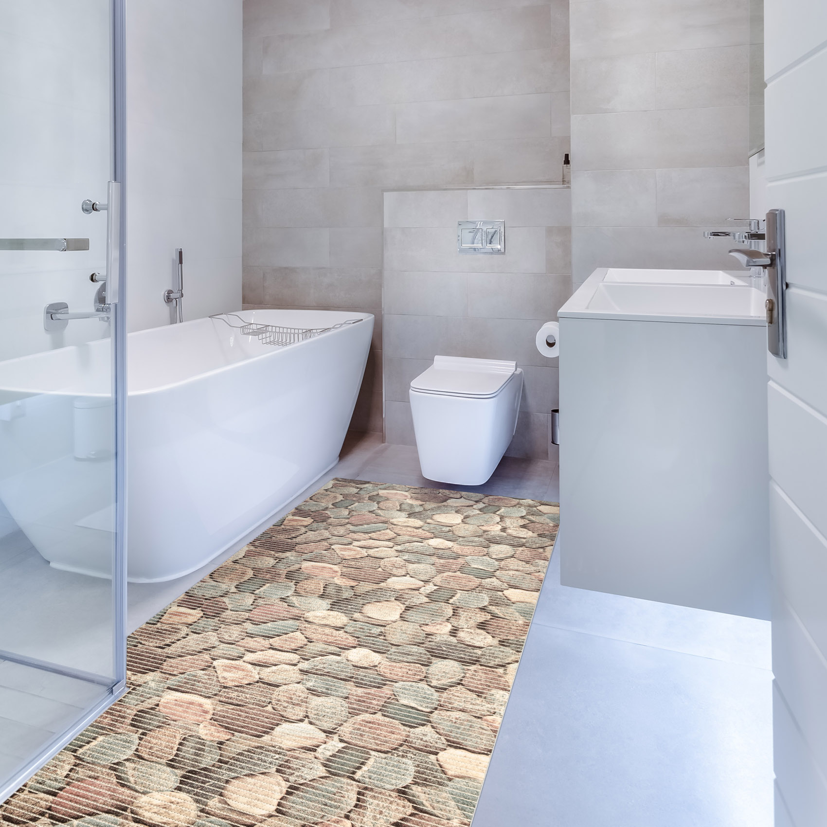 DM074A_13-jpg Weichschaummatte Bad Weichschaum Badematte Steine Bunt Kieselsteine Breite 65cm Meterware