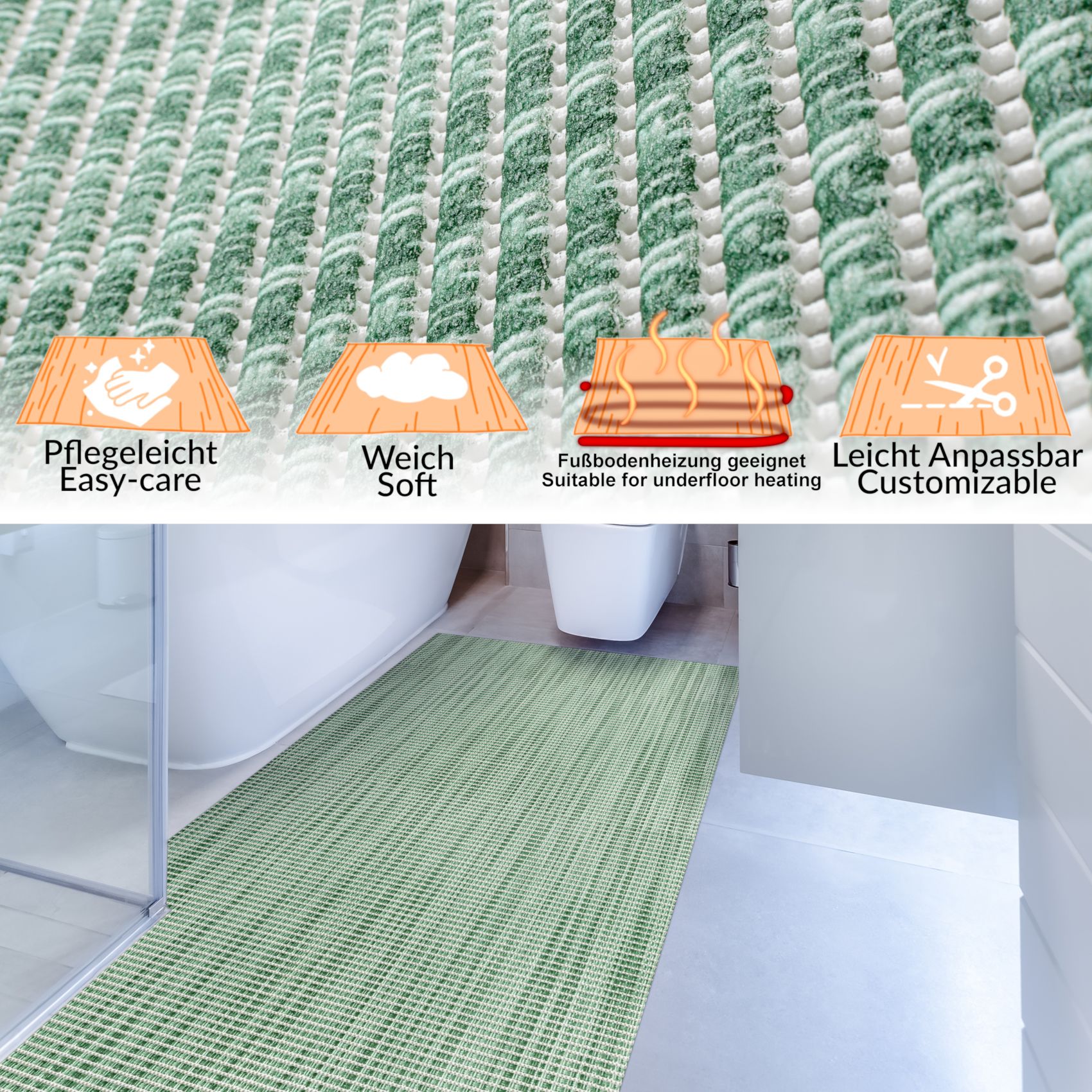 DM094C_20 Weichschaummatte Bad Weichschaum Badematte Leinenoptik Grün Breite 65cm Meterware