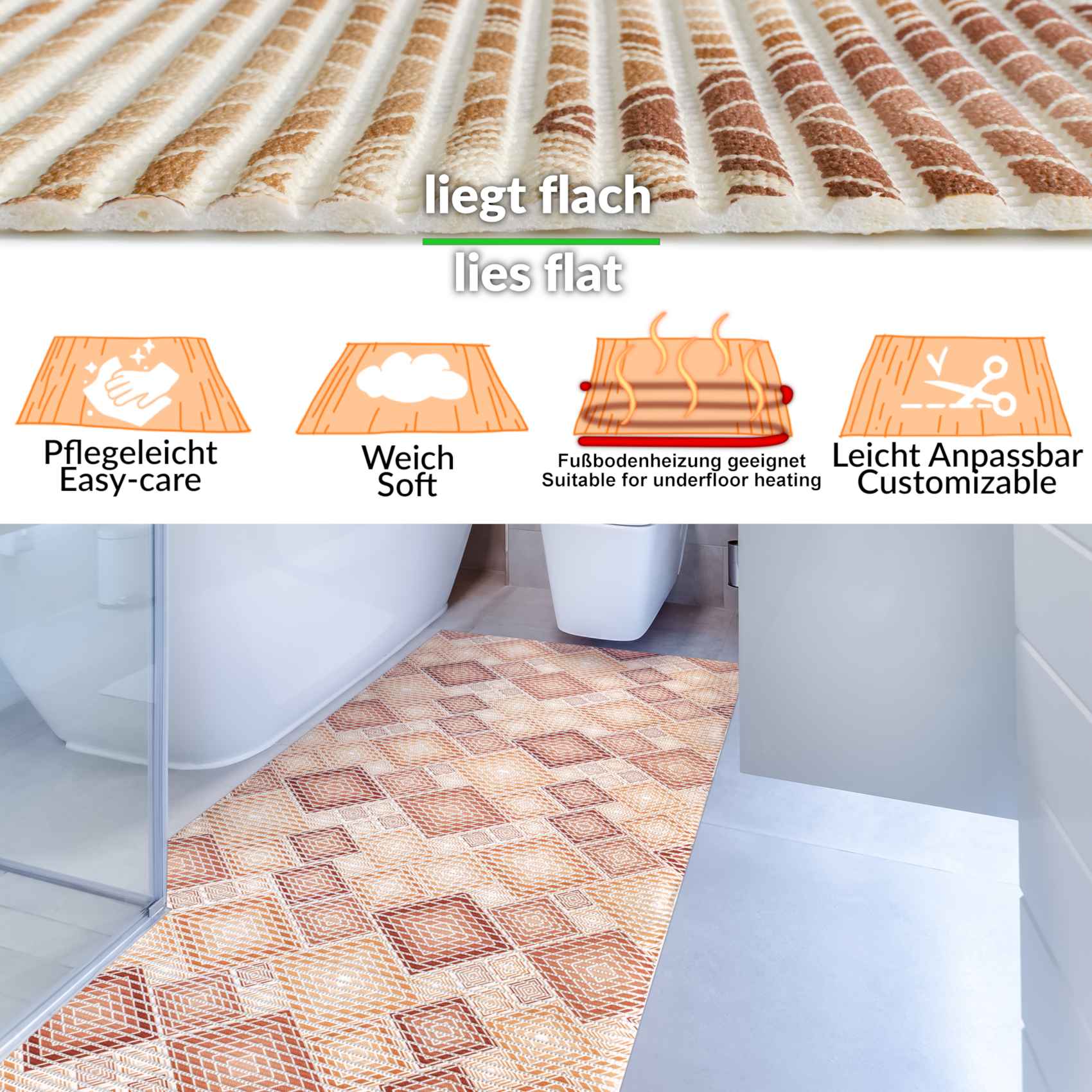 DM135B_13 Weichschaummatte Bad Weichschaum Badematte Karo Braun Breite 65cm Meterware