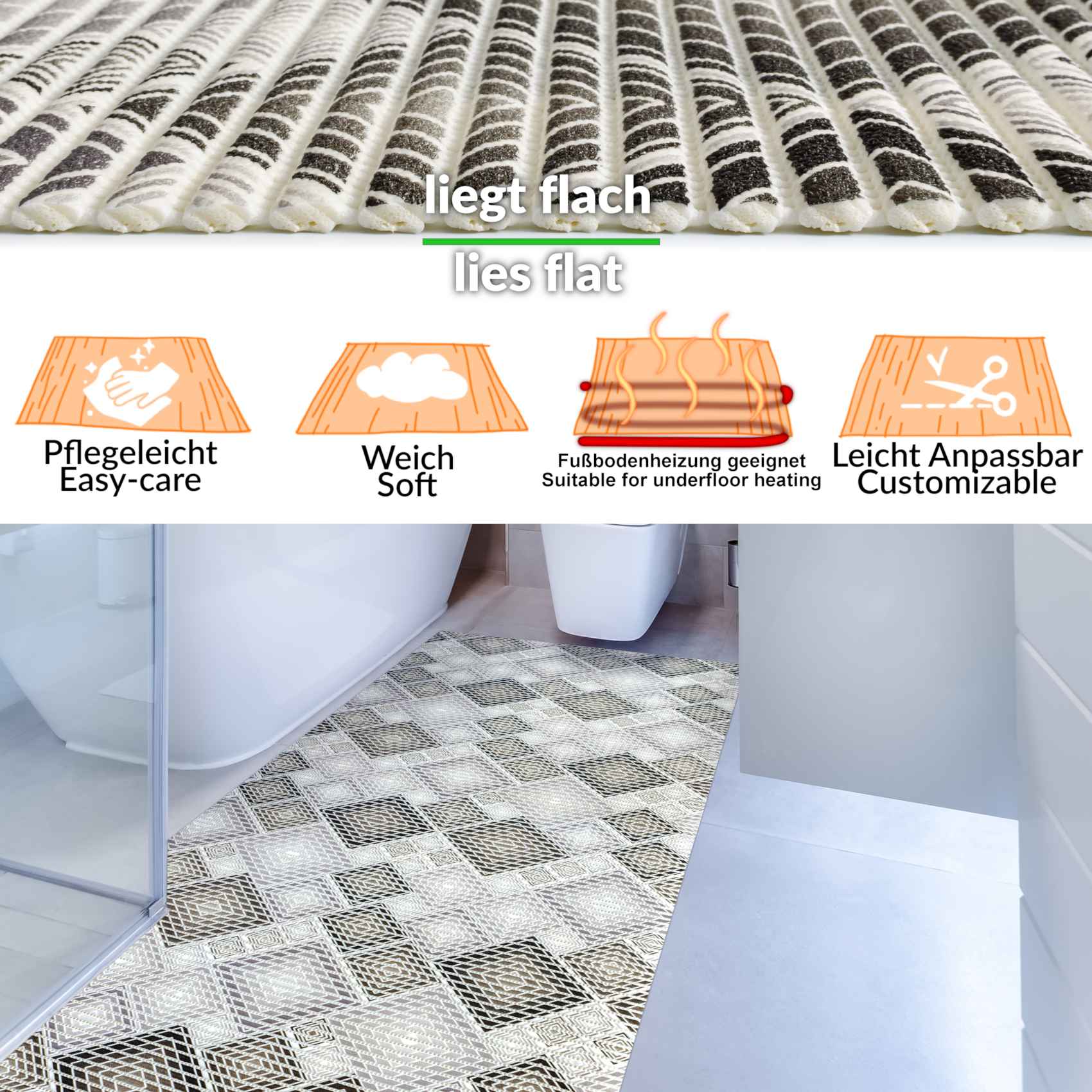 DM135D_13 Weichschaummatte Bad Weichschaum Badematte Karo Grau Breite 65cm Meterware