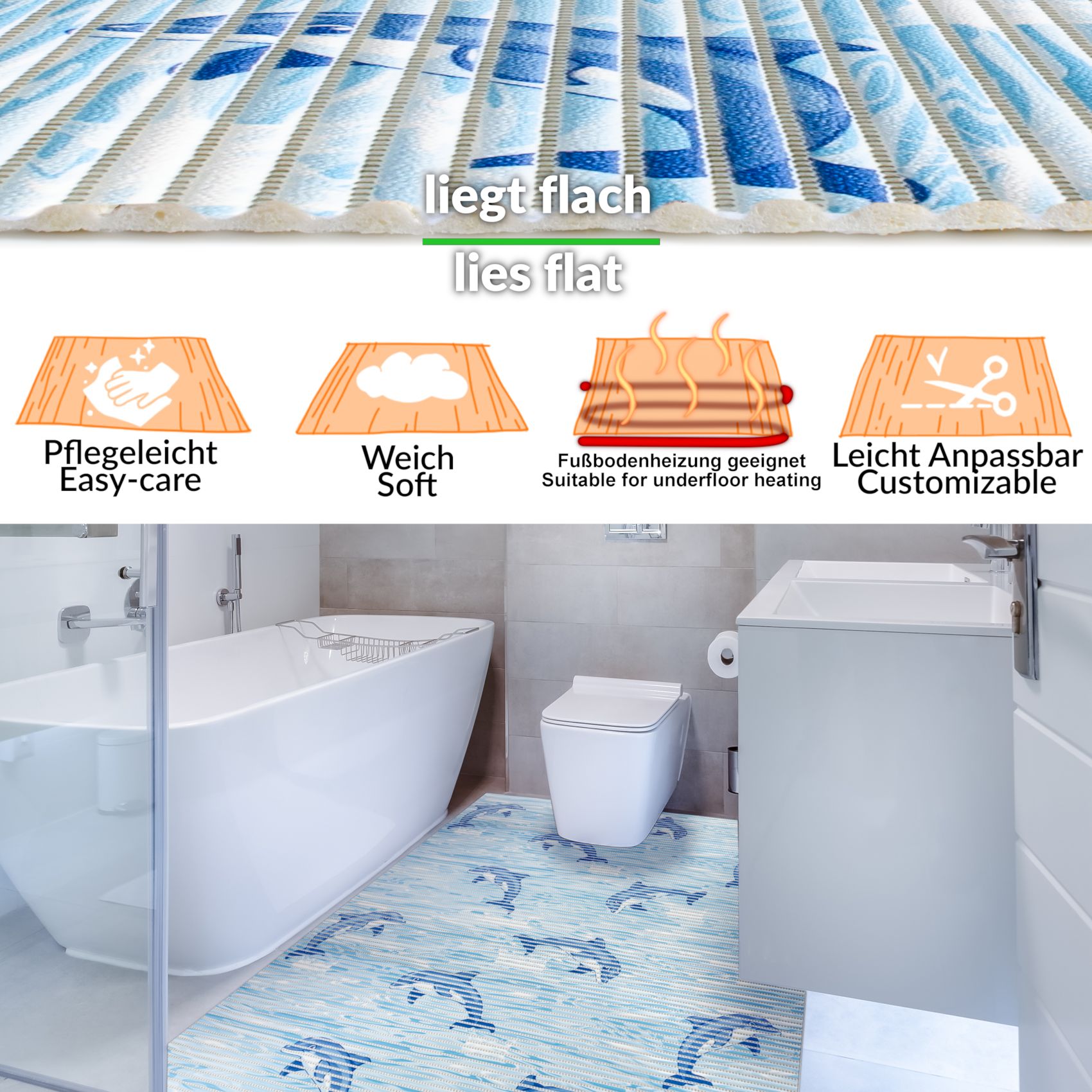 Weichschaummatte Badematte Delfine Maritim Blau Breite 80cm Meterware