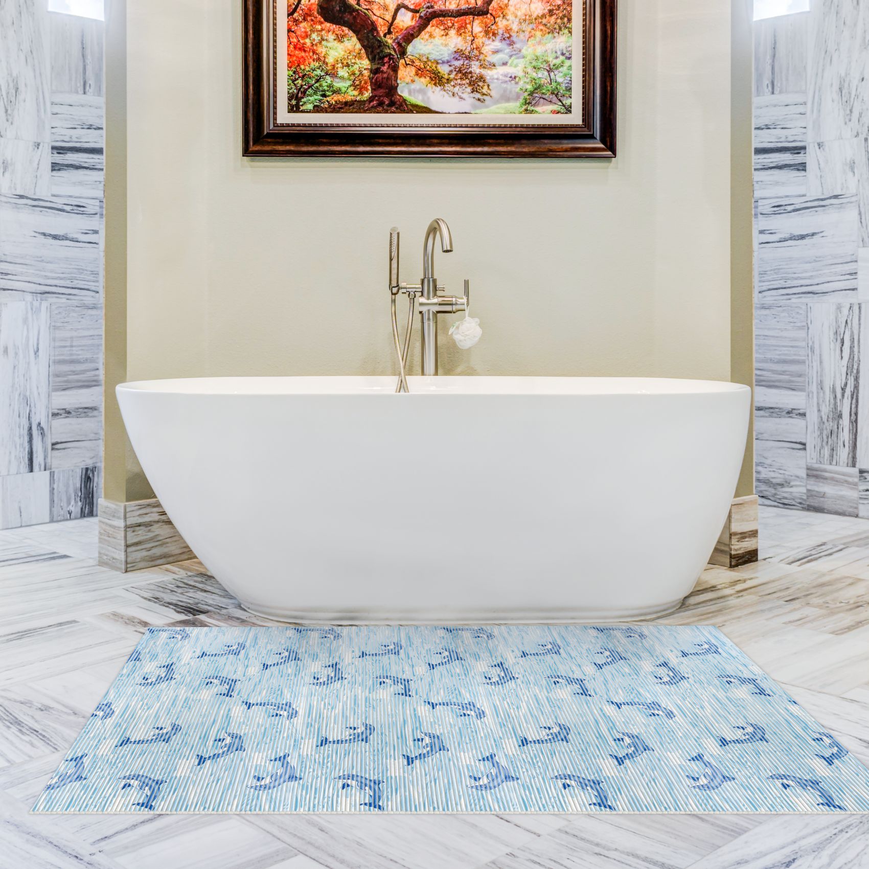 DM150A130_11 Weichschaummatte Badematte Weichschaum Bad Delfine Maritim Blau Breite 130cm Meterware
