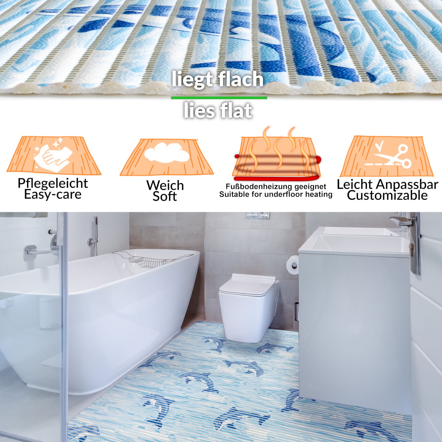 DM150A130_20 Weichschaummatte Badematte Weichschaum Bad Delfine Maritim Blau Breite 130cm Meterware