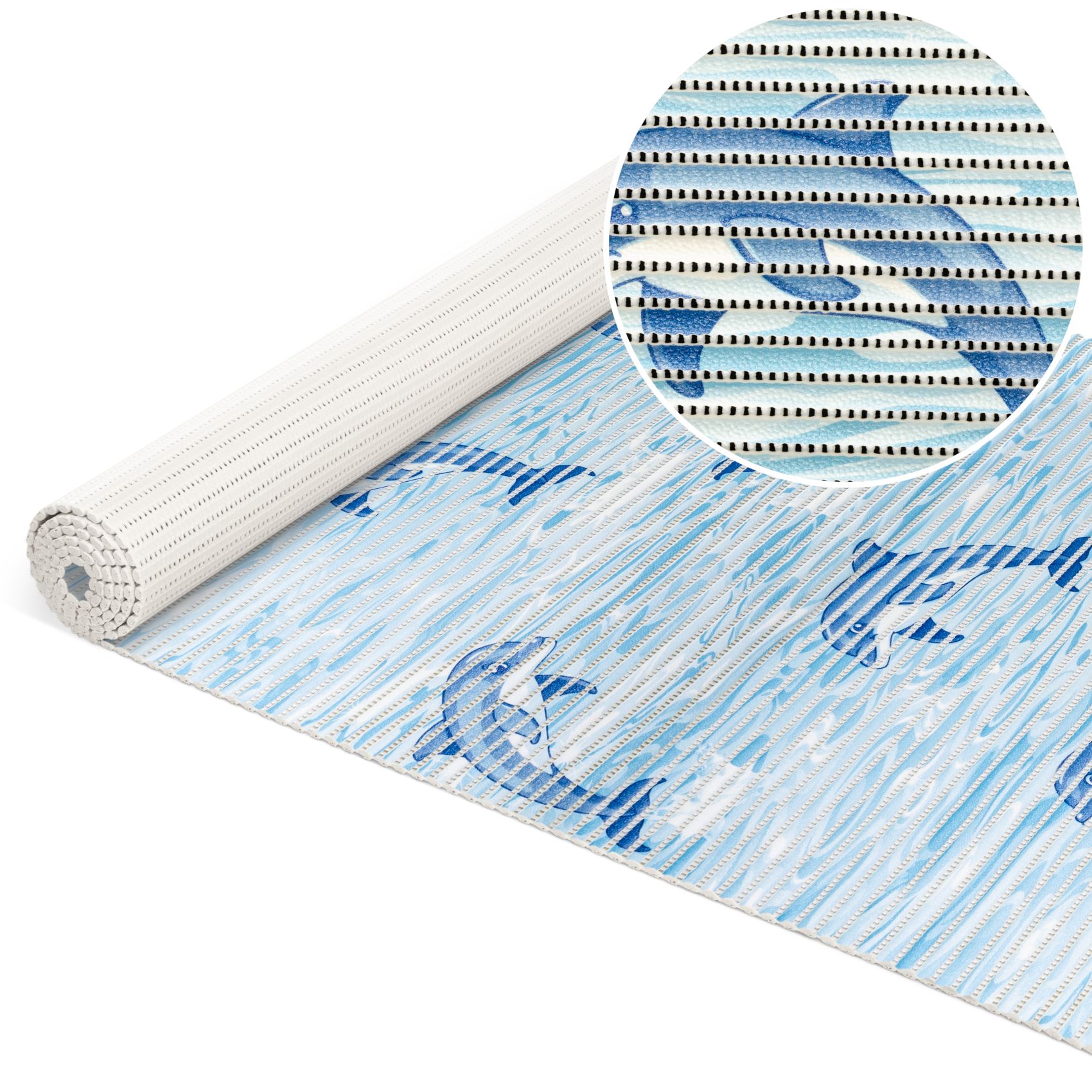 DM150A_10 Weichschaummatte Bad Weichschaum Badematte Maritim Delfine Hellblau Breite 65cm Meterware