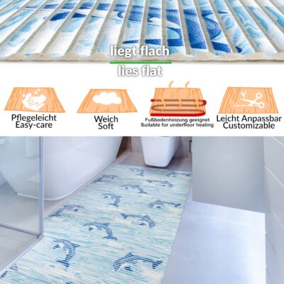 Weichschaummatte Bad Weichschaum Badematte Maritim Delfine Hellblau Breite 65cm Meterware
