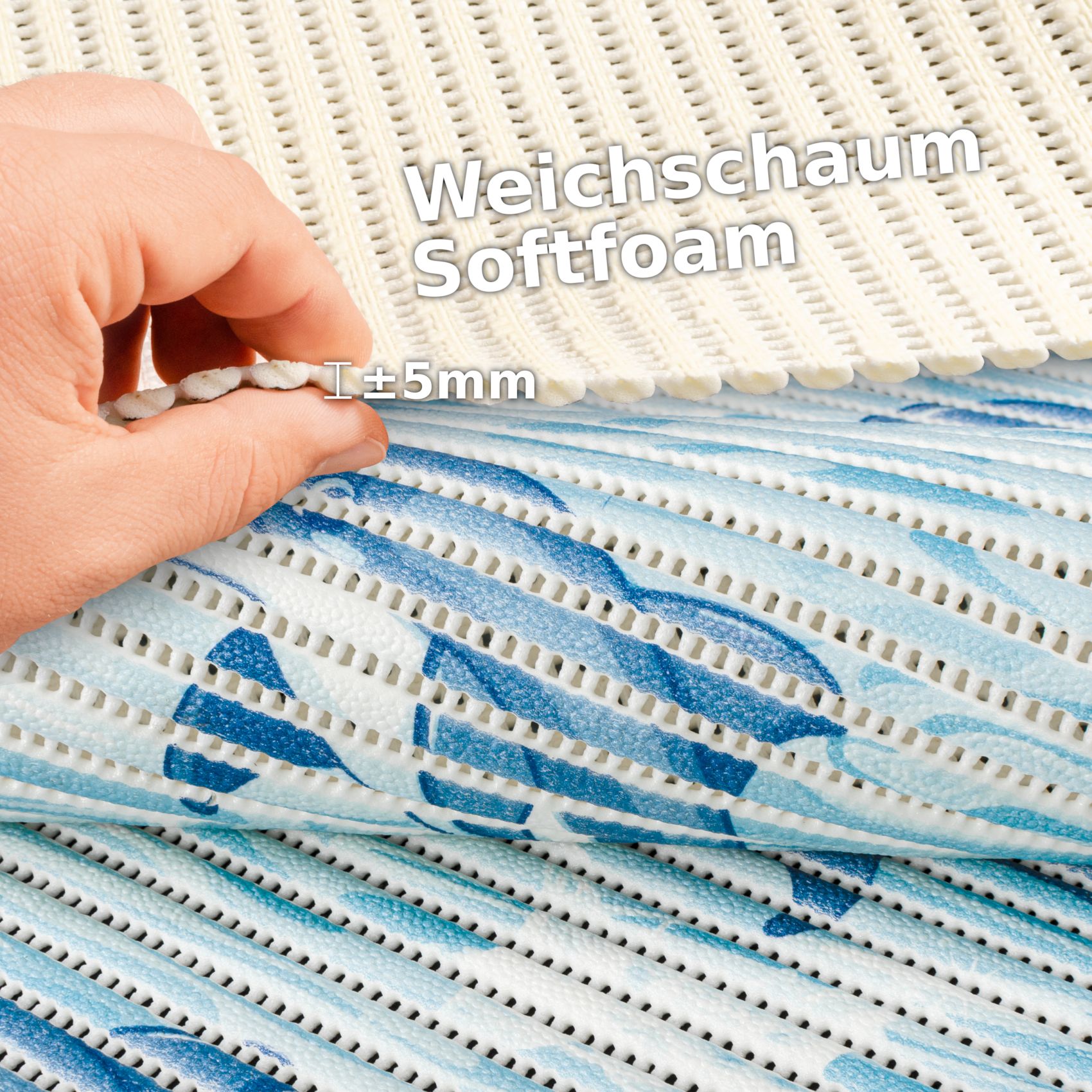 DM150A_50 Weichschaummatte Bad Weichschaum Badematte Maritim Delfine Hellblau Breite 65cm Meterware