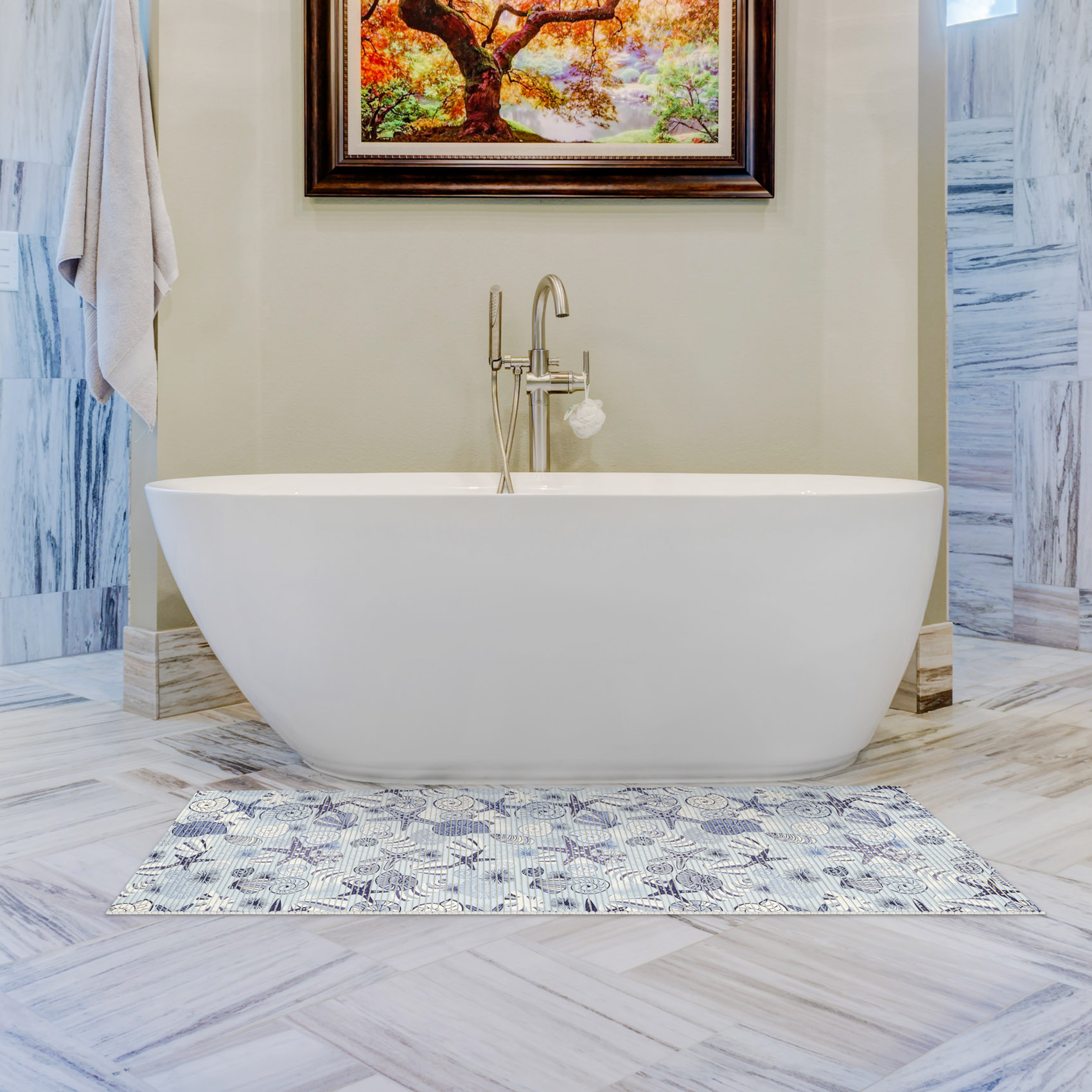 DM193A_11-jpg Weichschaummatte Bad Weichschaum Badematte Seestern Muscheln Blau Breite 65cm Meterware