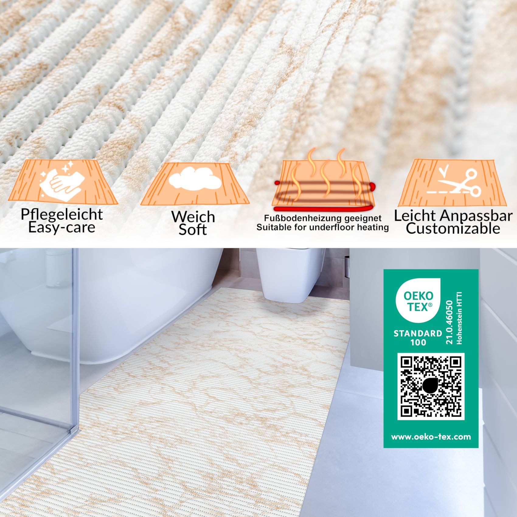 DM200B_13 Weichschaummatte Bad Weichschaum Badematte Marmor 4 Farben Blau Beige Braun Grau 65cm Breite