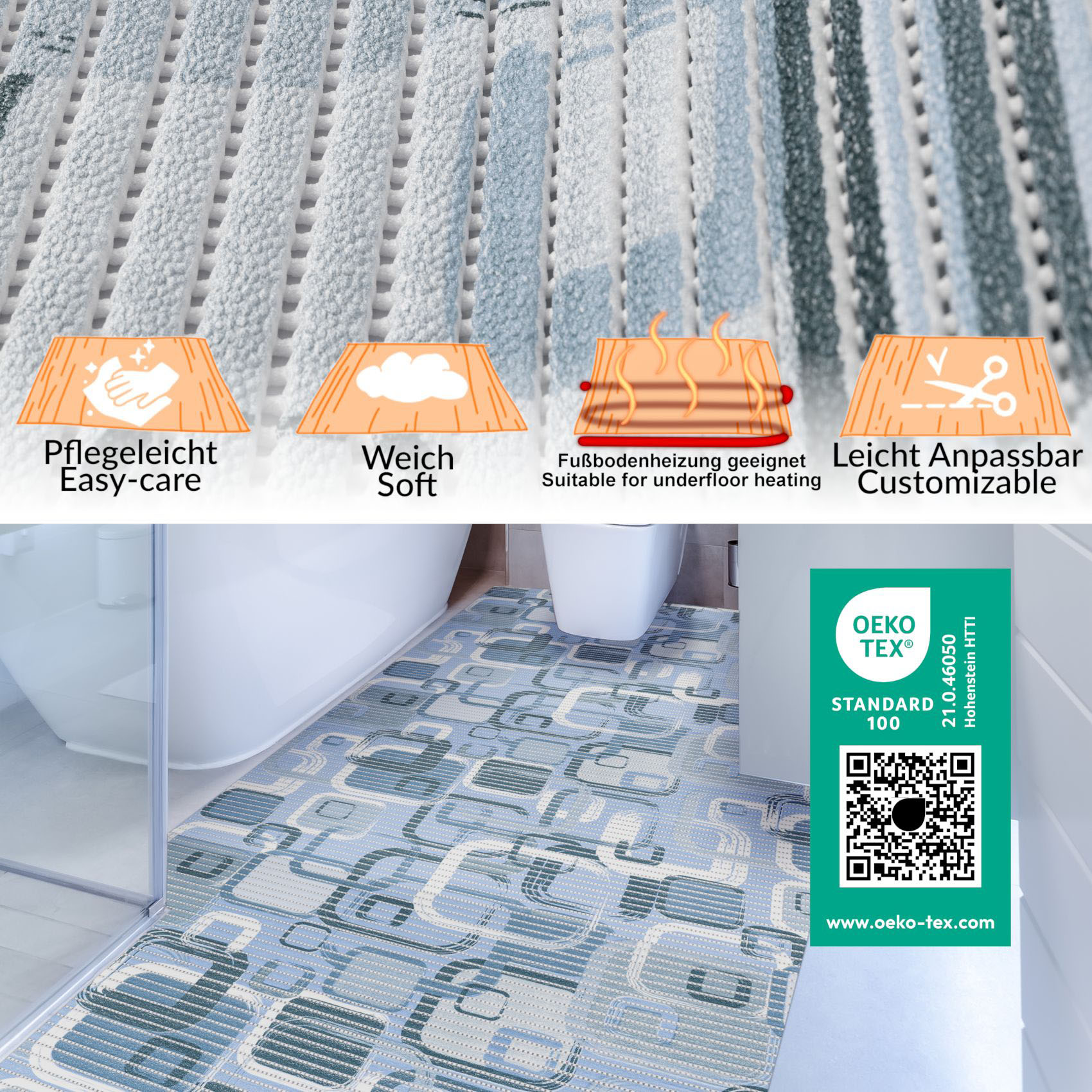 DM208A130_13 Weichschaummatte Badematte Weichschaum Bad Moderno Blau / Beige Breite 130cm Meterware