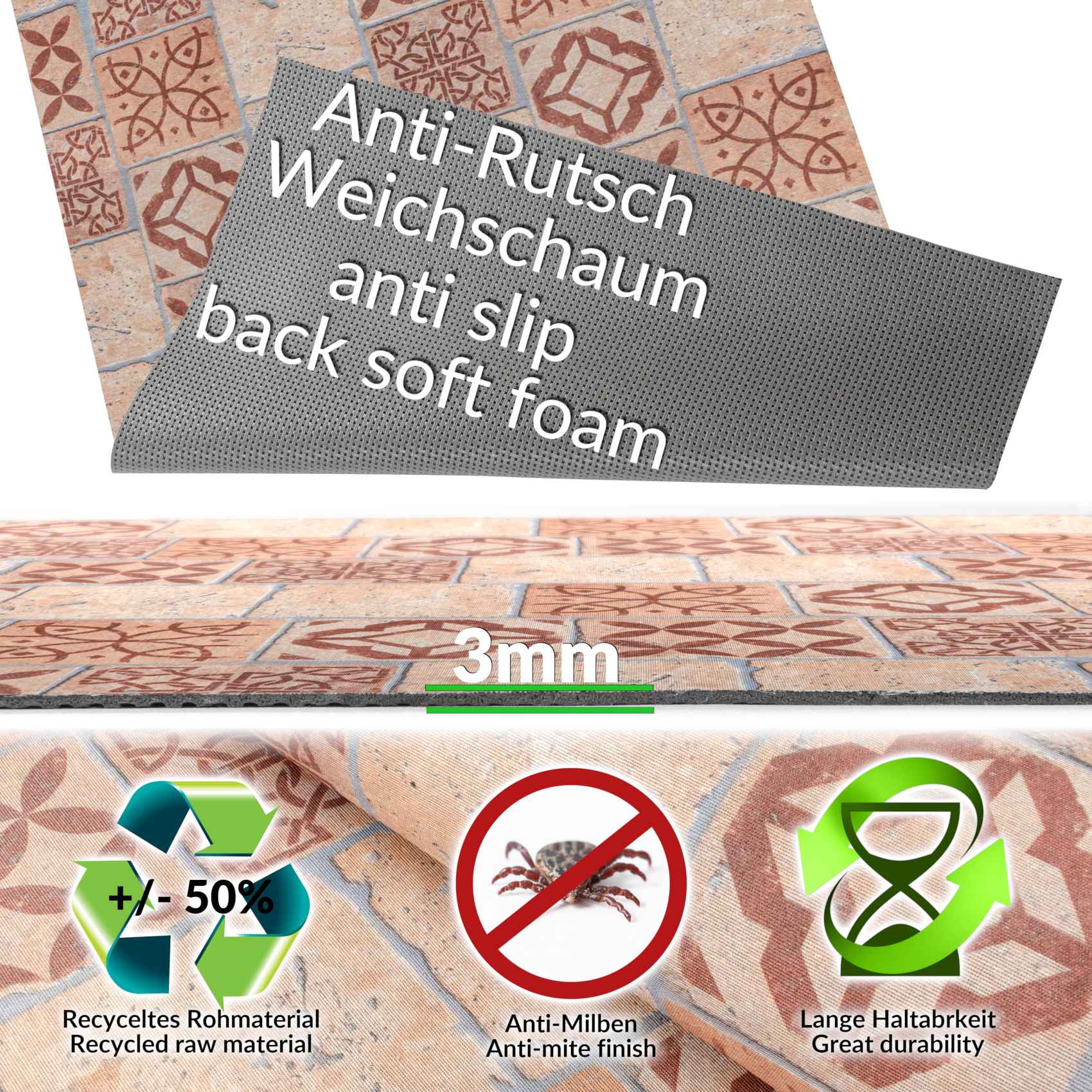 GTPSPETR_20 Küchenläufer Teppichläufer Flur Läufer Braune Fliesen rutschfest Breite 65cm