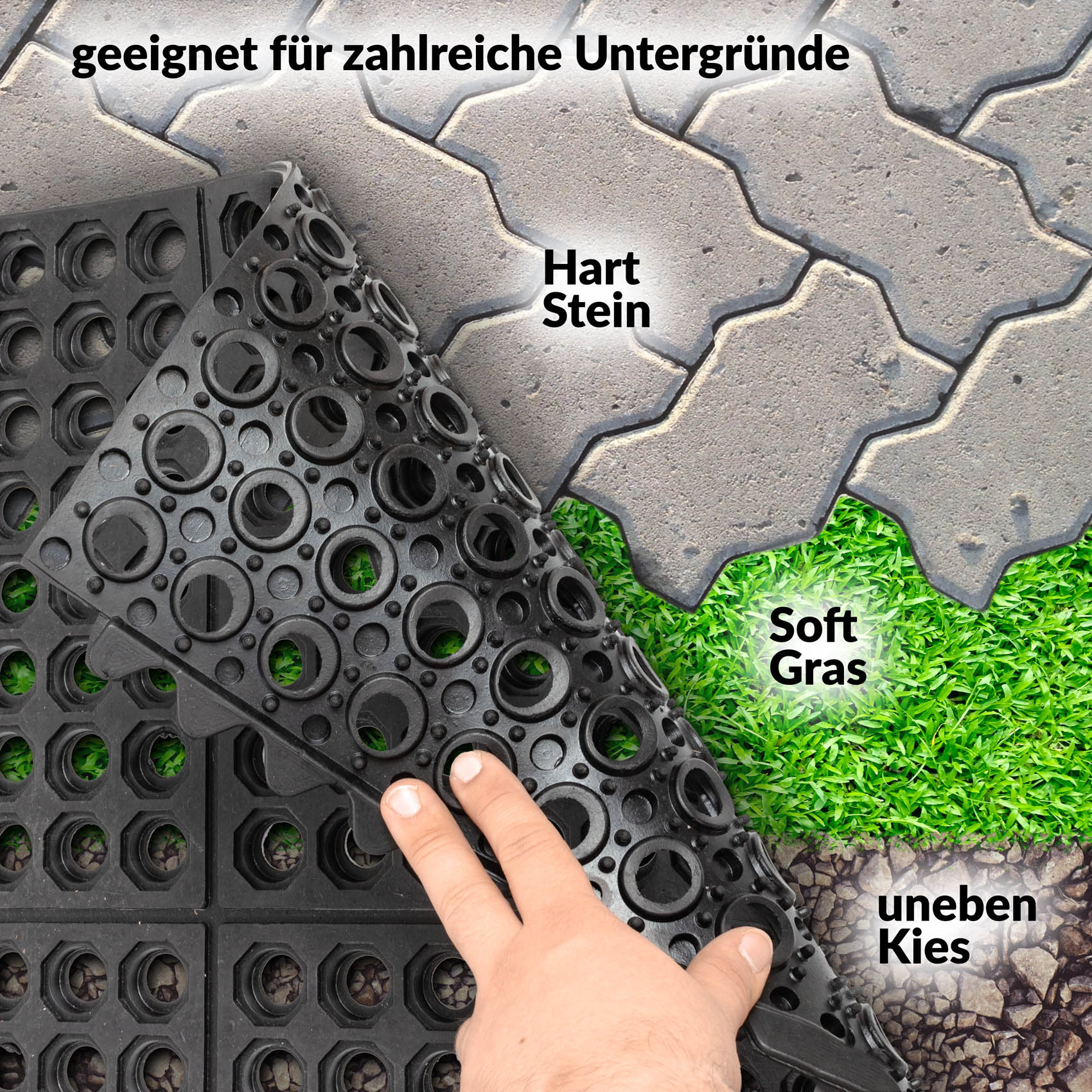 Ringgummimatte Schmutzfangmatte Gummimatte mit intergriertem Verbinder 90x90cm Schwarz