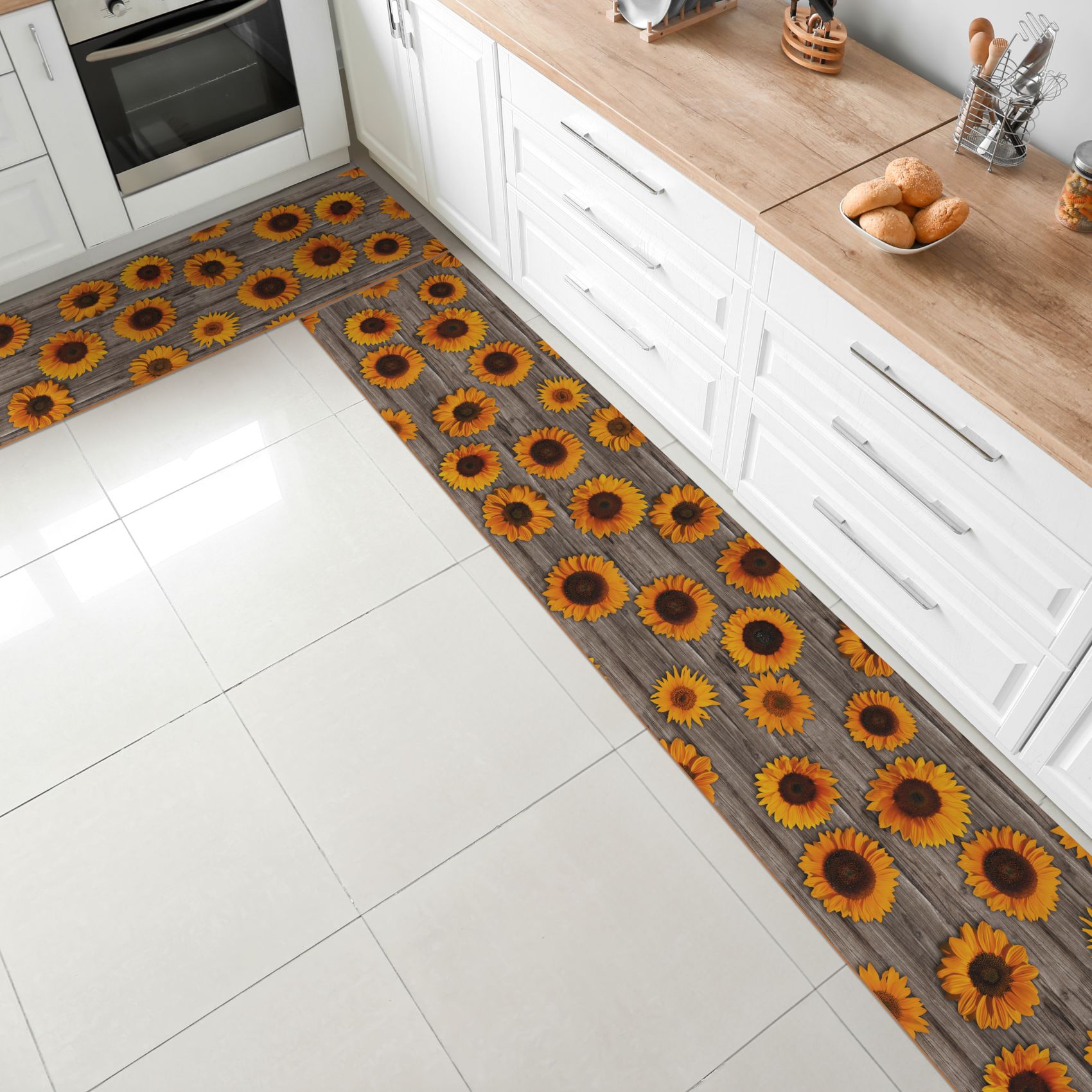 GIMMY022_20 Läufer PVC Teppich rutschfest abwaschbar Sonnenblumen Grau 50cm Breit