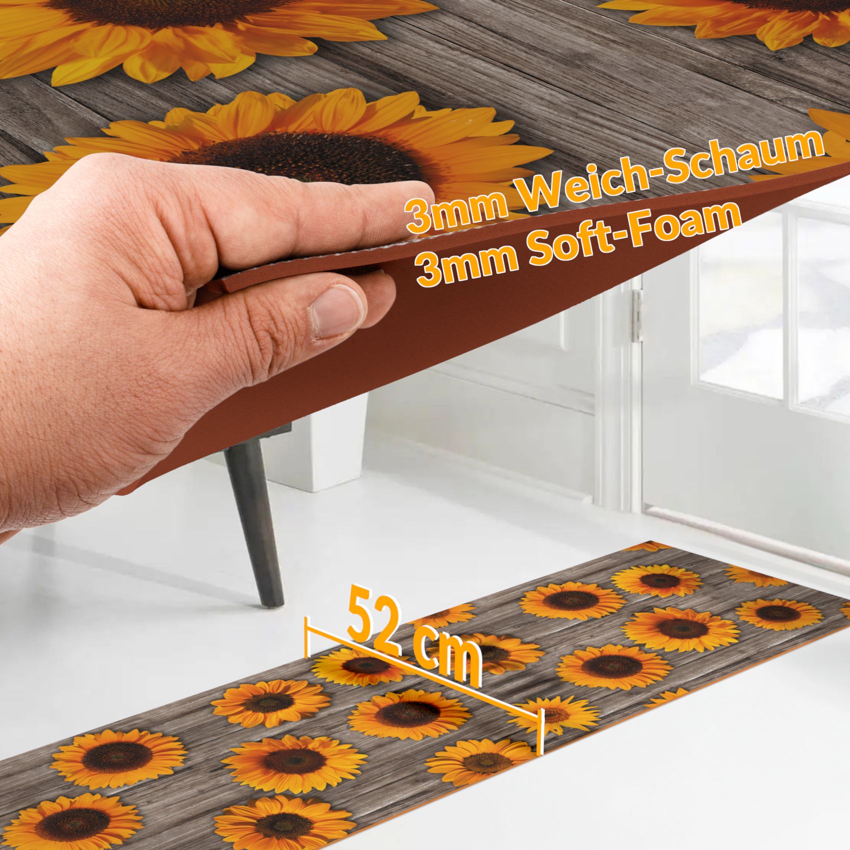 GIMMY022_23 Läufer PVC Teppich rutschfest abwaschbar Sonnenblumen Grau 50cm Breit