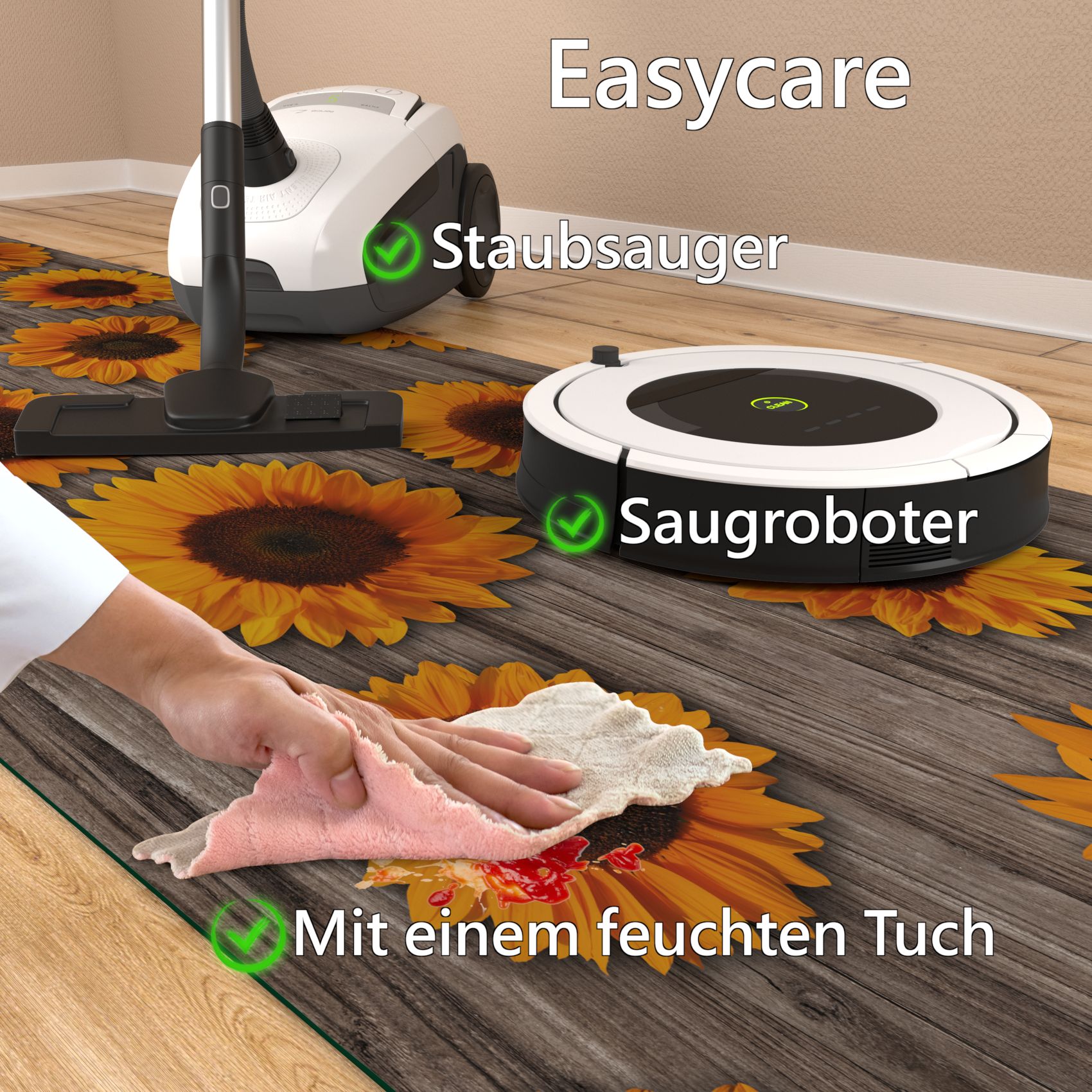 GIMMY022_70 Läufer PVC Teppich rutschfest abwaschbar Sonnenblumen Grau 50cm Breit