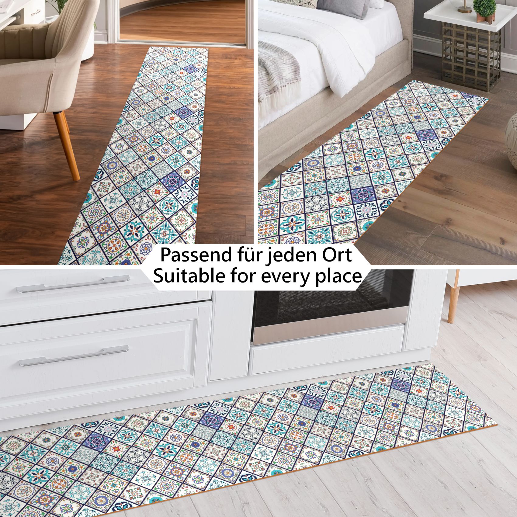 EMEND10_40 Küchenläufer PVC rutschfest abwaschbar Orientalische Fliese Blau 50cm Breit