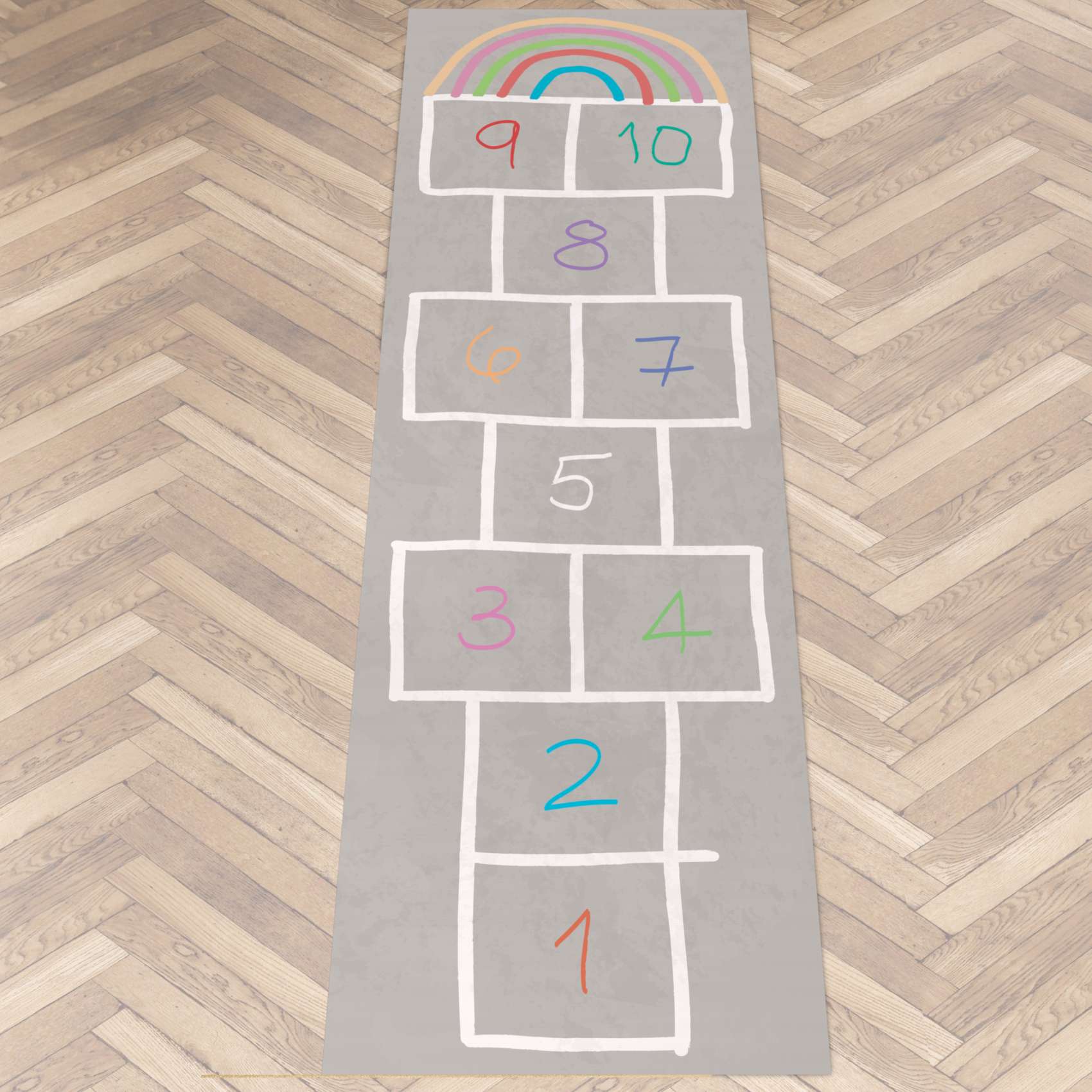 spielmatte hüpfspiel teppich läufer abwaschbar rutschfest grau bunt 67x240cm