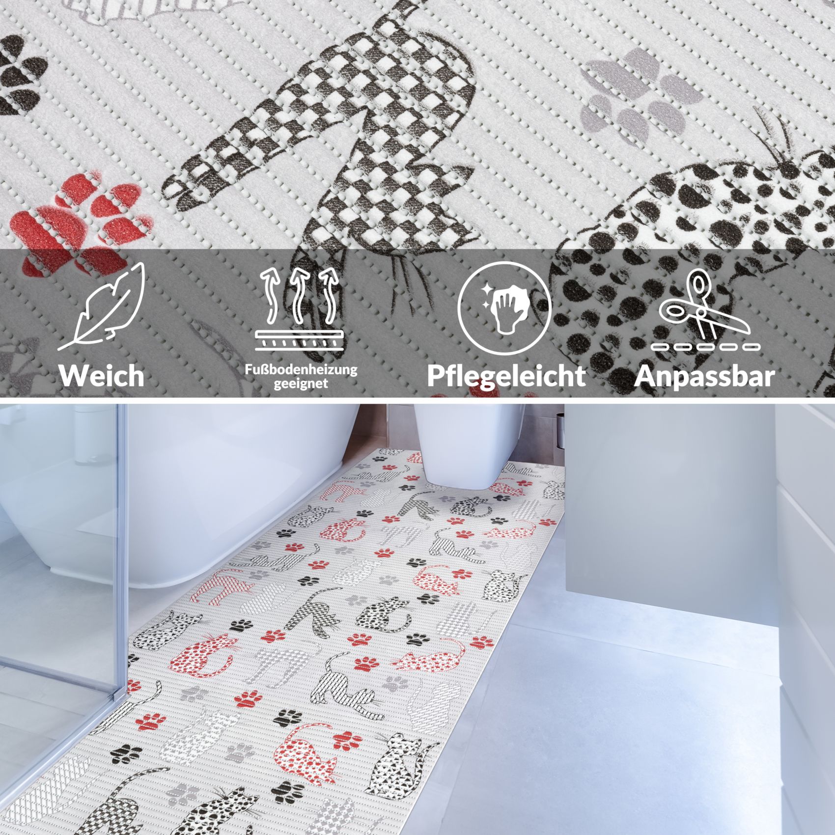 DM014DE_40 Weichschaummatte Bad Weichschaum Badematte Breite 65cm Katzen