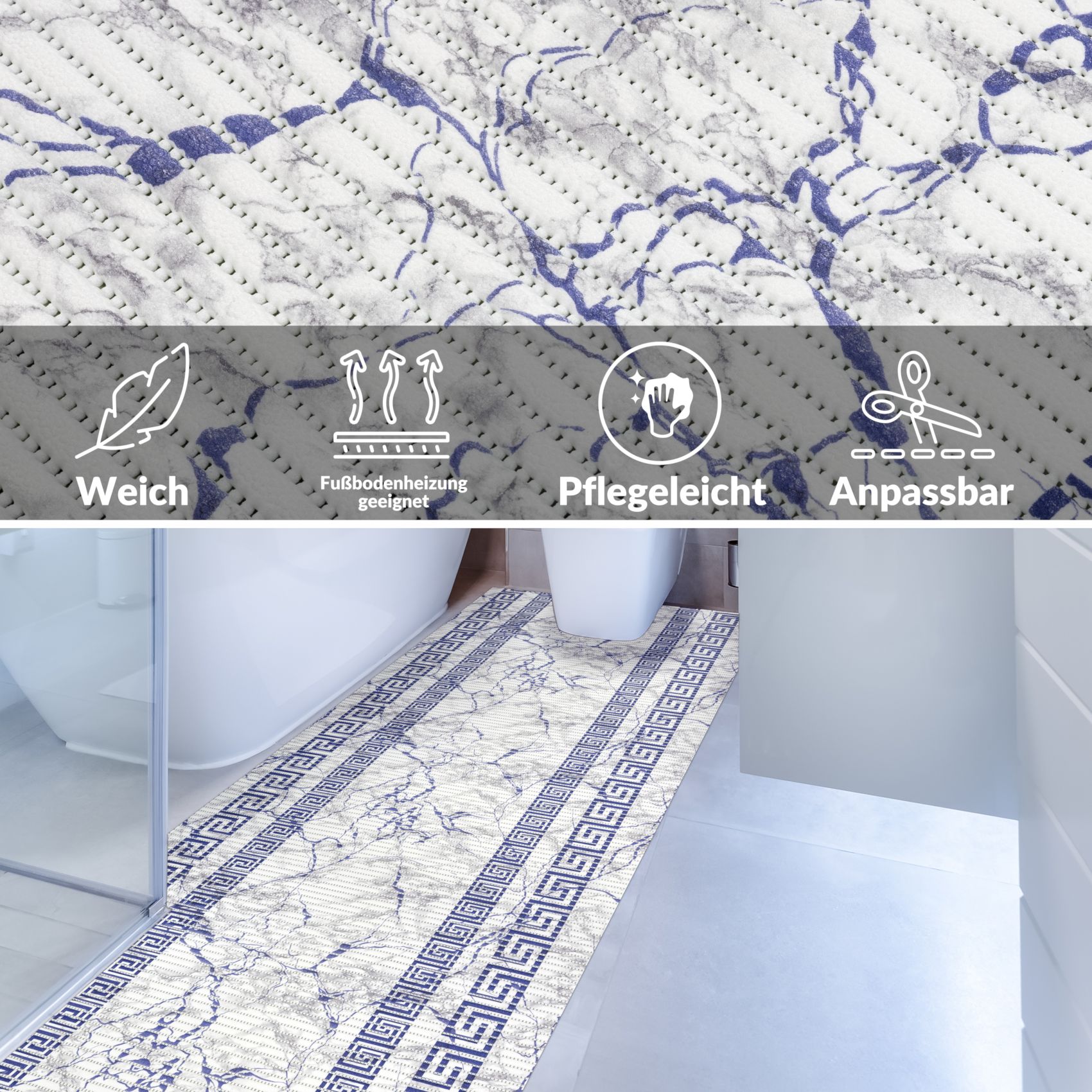 DM038AE_40 Weichschaummatte Bad Weichschaum Badematte Breite 65cm Marmor Blau