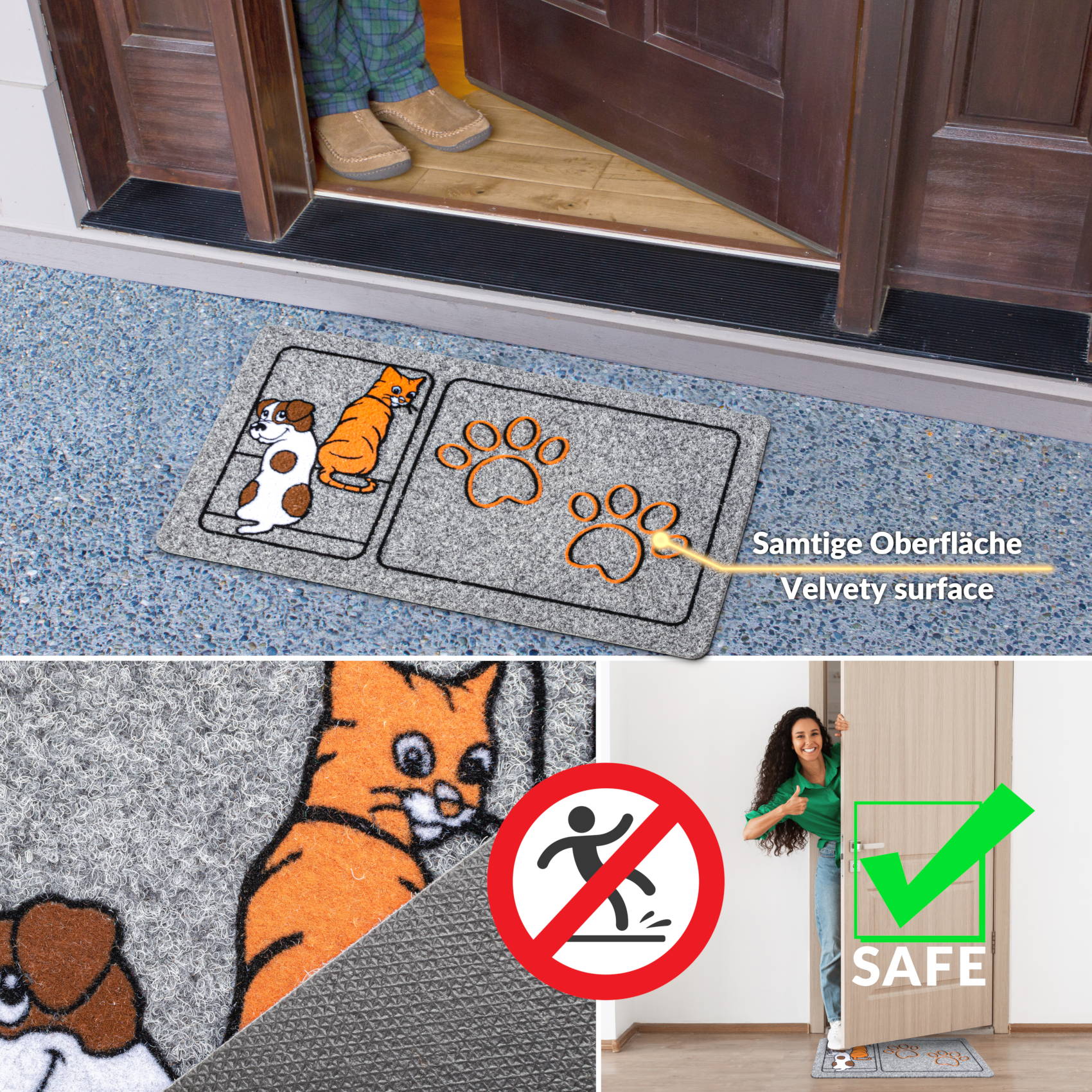 Fußmatte Schmutzfangmatte Türvorleger rutschfest Pfoten 40x70cm