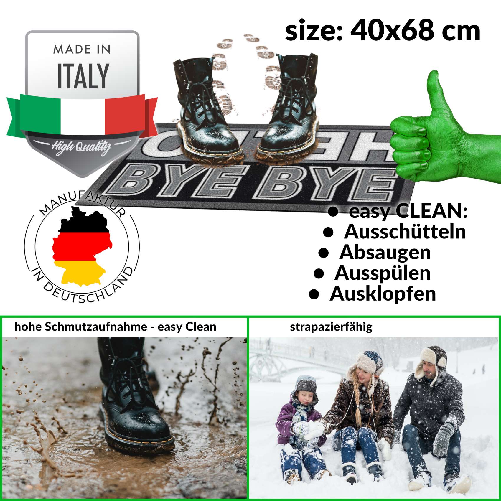 EF21216_30 Schmutzfangmatte Fußmatte Türvorleger rutschfest Hello Bye Bye – Glitzer 40x68cm