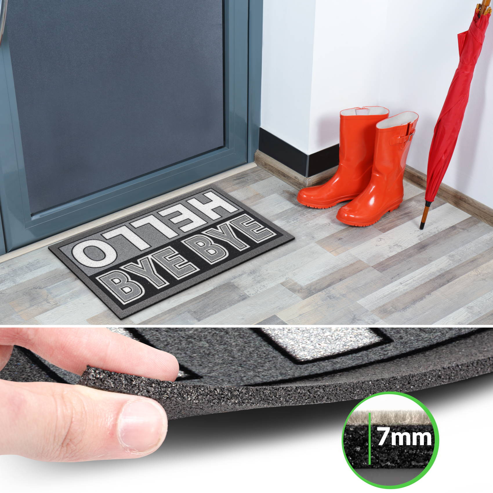 EF21216_40 Schmutzfangmatte Fußmatte Türvorleger rutschfest Hello Bye Bye – Glitzer 40x68cm