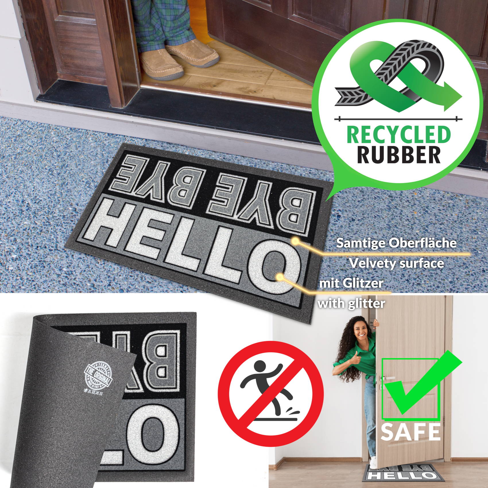 EF21216_60 Schmutzfangmatte Fußmatte Türvorleger rutschfest Hello Bye Bye – Glitzer 40x68cm