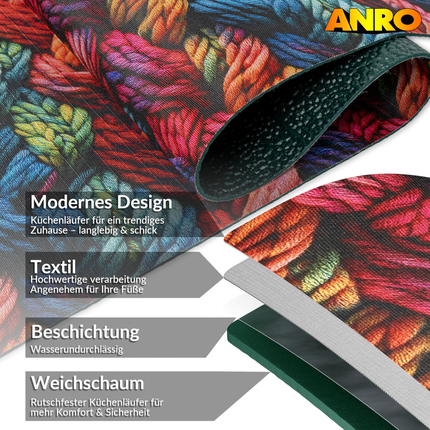 Küchenläufer Küchenteppich Läufer Flur Teppichläufer Sprinty Drappo 52cm Breite