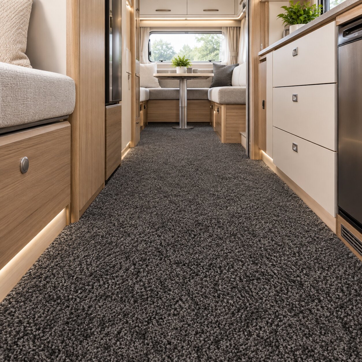 Wohnmobil Teppich Kurzflor in Braun, nach Maß im Gang eines Wohnmobils verlegt