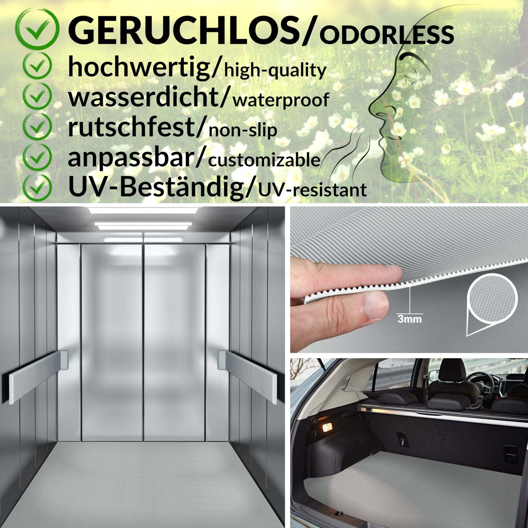 Gummimatte Gummiläufer Feinriefen Grau 3mm 100cm Breit auf TPE, Geruchslos – Bodenbelag, Bodenmatte – 100x100cm