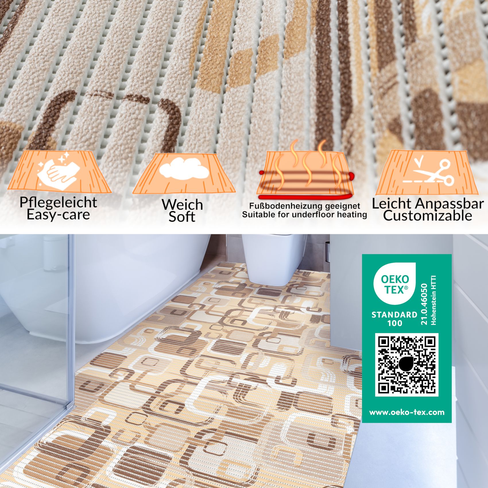 Weichschaummatte Badematte Weichschaum Bad Moderno Blau / Beige Breite 130cm Meterware – Braun, 100x130cm