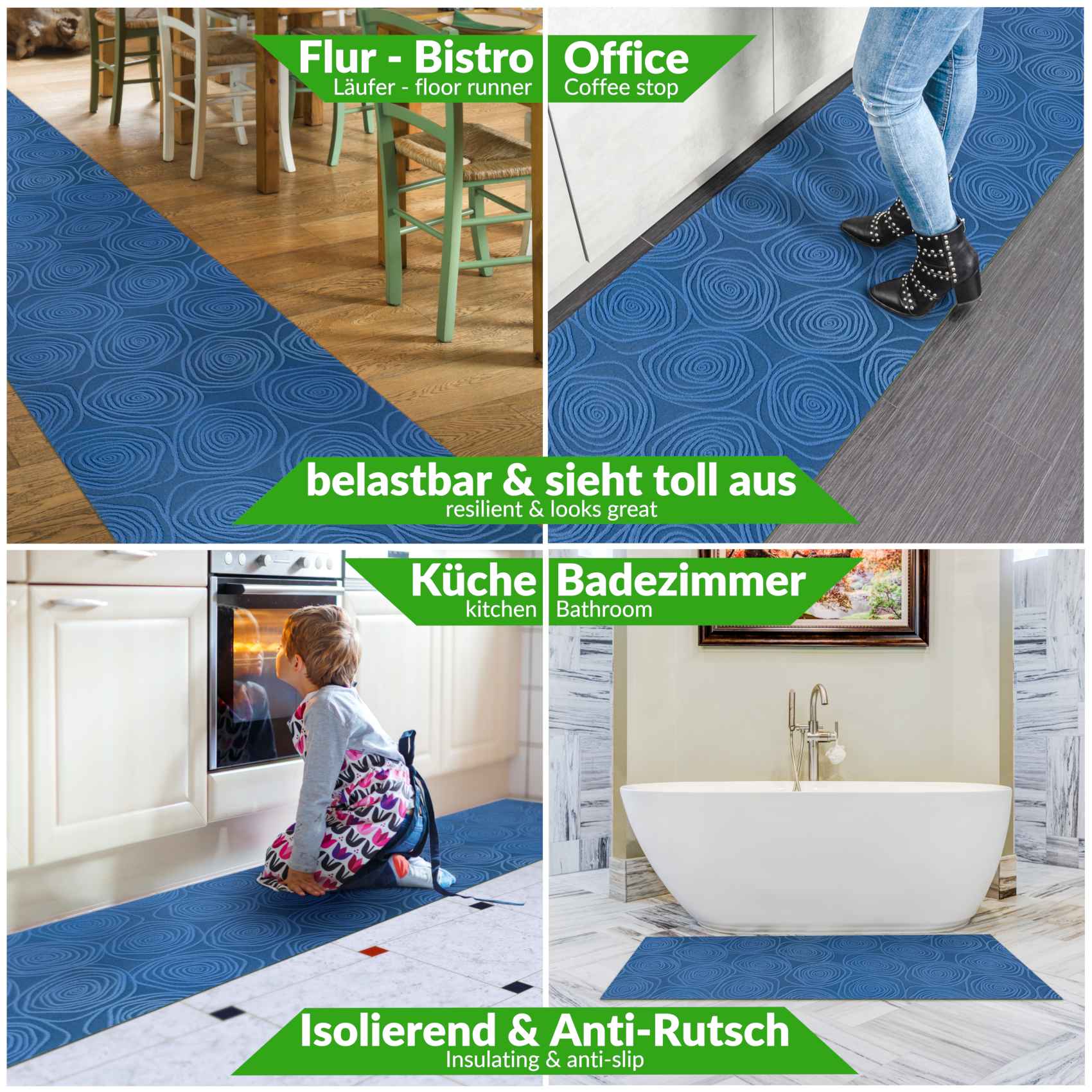 Teppichläufer Flurläufer Küchenläufer Velours waschbar rutschfest Sisi Essence Blau 50cm Breit – 100x50cm