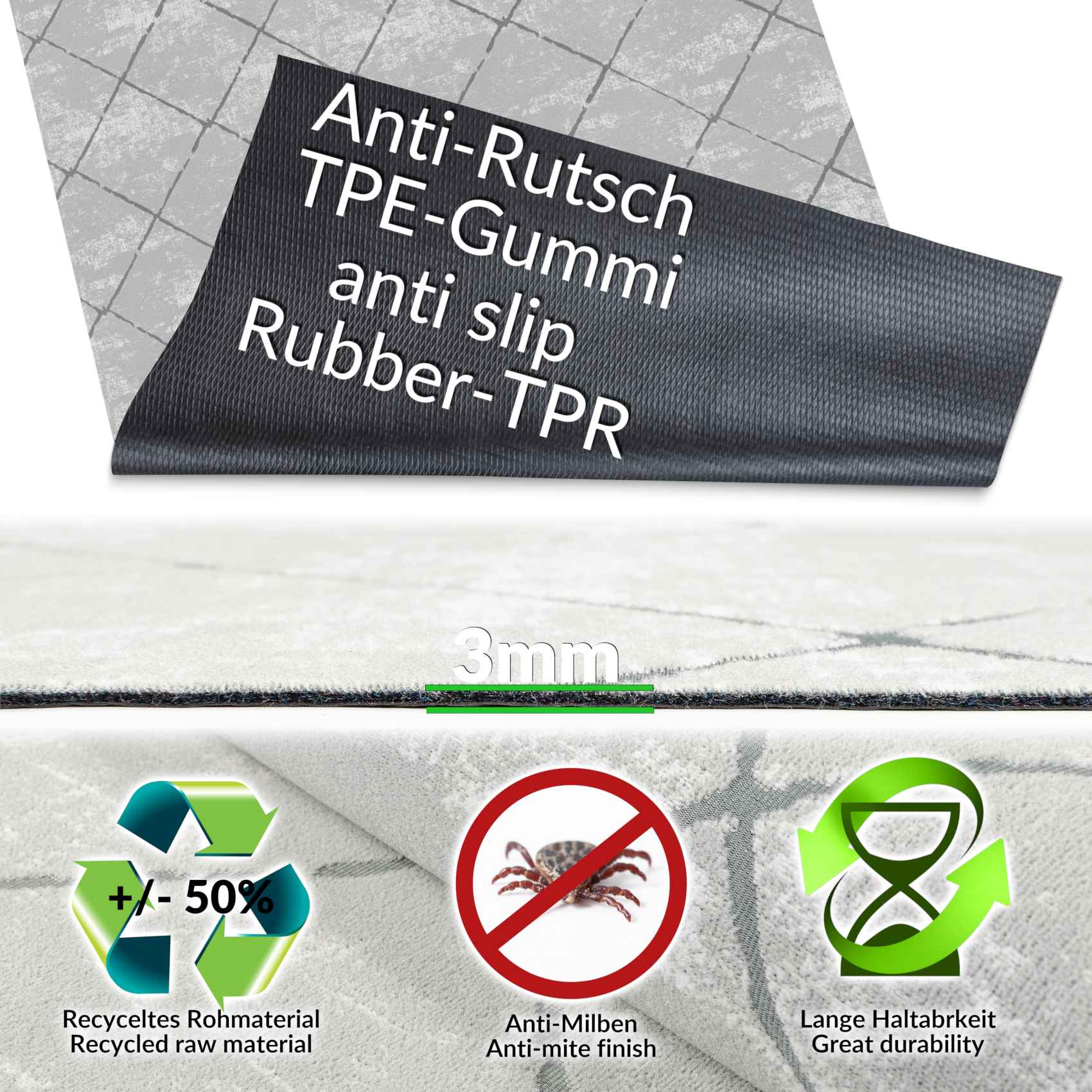 Küchenläufer Teppich Läufer abwaschbar Flurteppich Aydi / 3 Farben / 3 Breiten