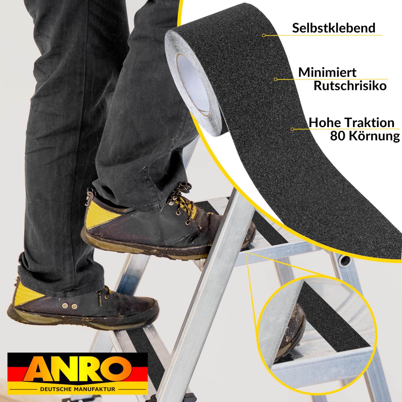 Antirutsch Klebeband selbstklebend anti-rutsch Tape Band Klebestreifen FixoFlex Breite 5 & 10cm Schwarz 10m Rolle – 5cm x 10m