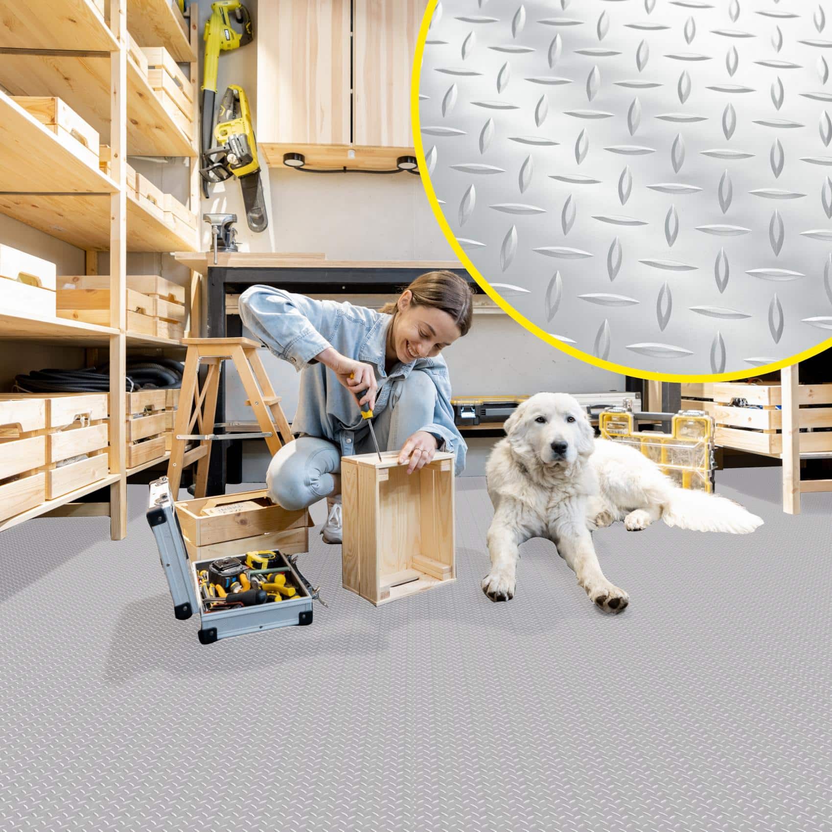 PVC Bodenbelag Meterware Antirutschmatte Vinylboden Rollenware Stärke1,5mm 100cm Breite Tränenblech Silber Breite 100cm – 100x100cm