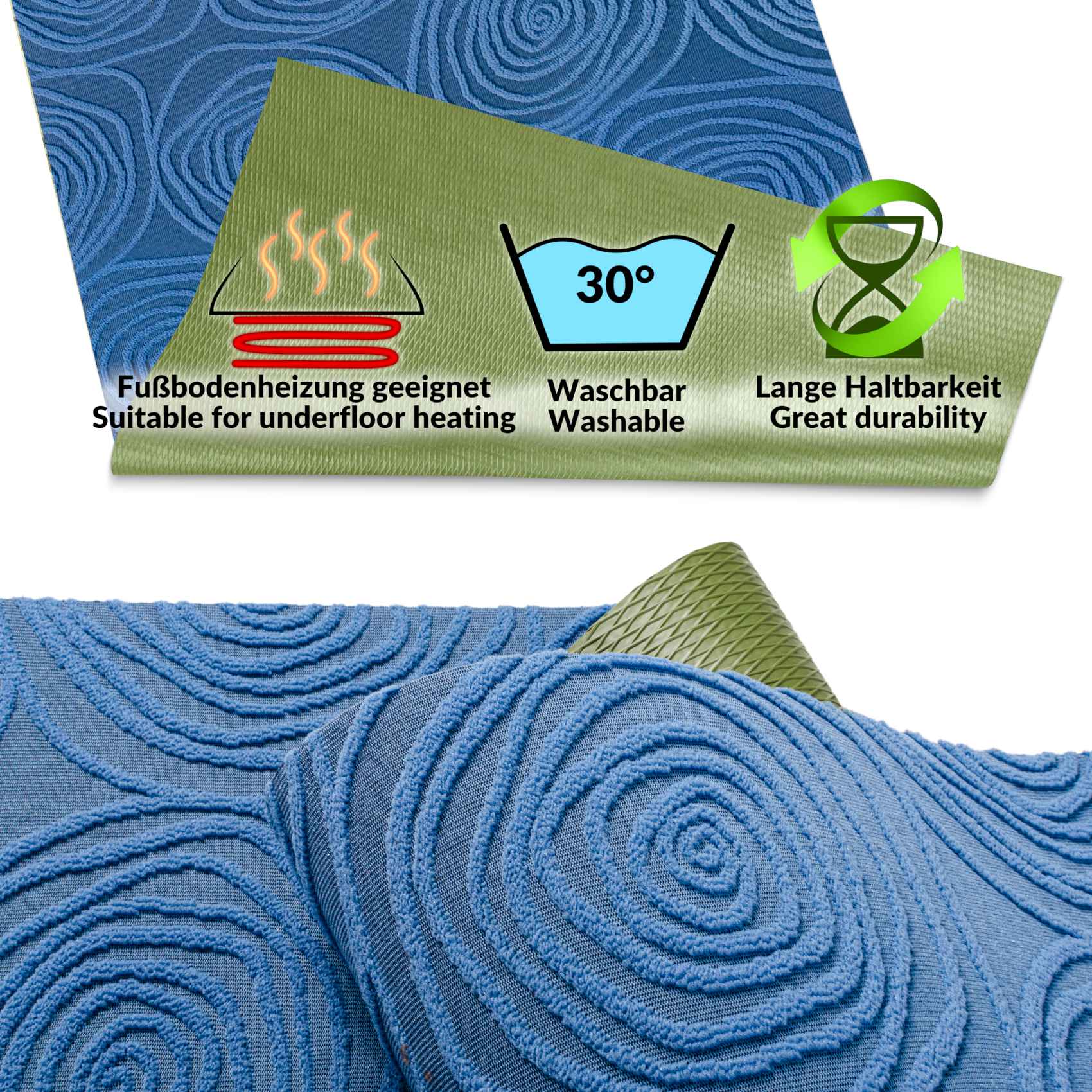 Teppichläufer Flurläufer Küchenläufer Velours waschbar rutschfest Sisi Essence Blau 50cm Breit – 100x50cm