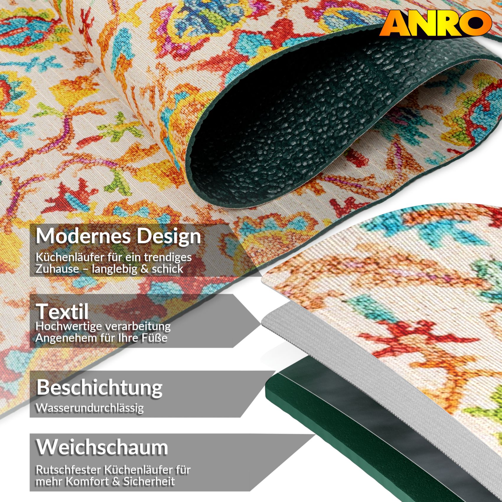 Küchenläufer Küchenteppich Läufer Flur Teppichläufer Sprinty Abbraccio 52cm Breite – 100x52cm